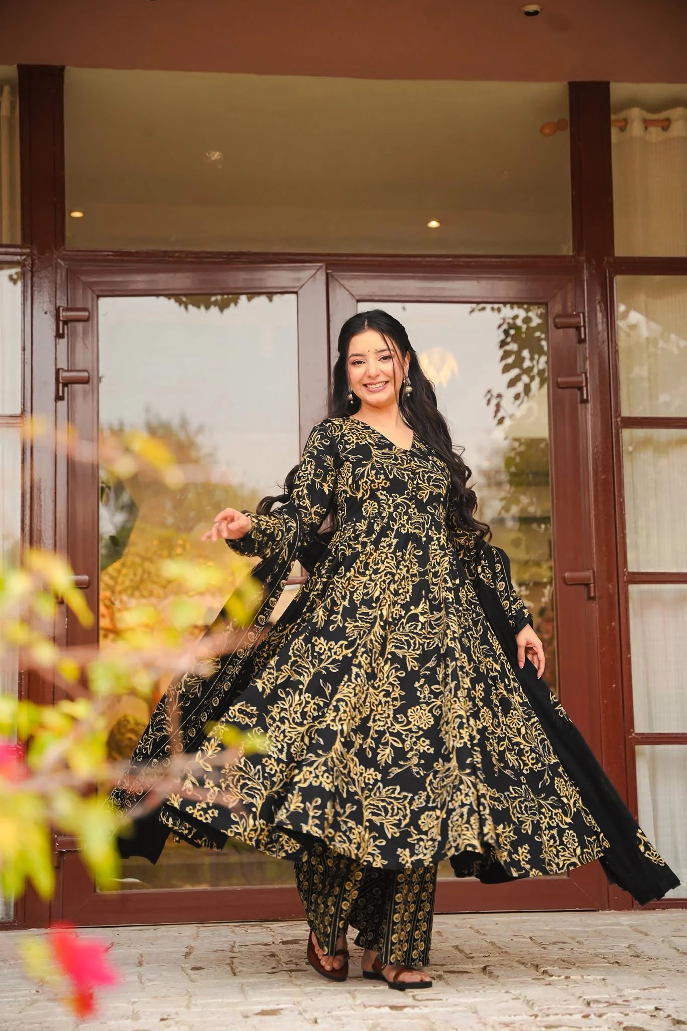 Black Floral A-Line Palazzo Suit — alternate view
