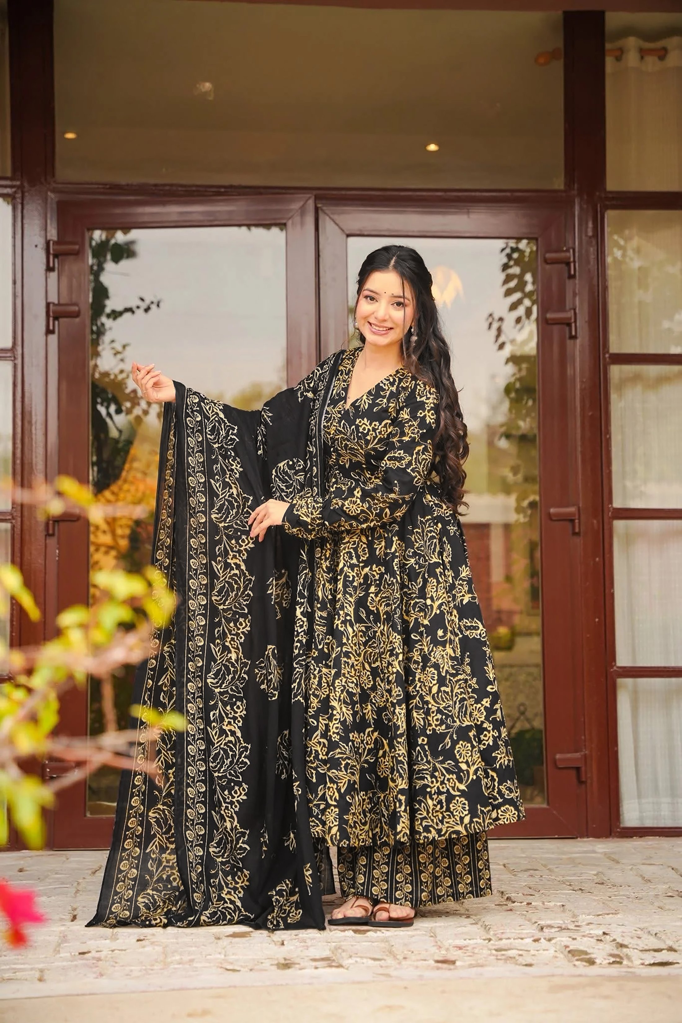 Black Floral A-Line Palazzo Suit