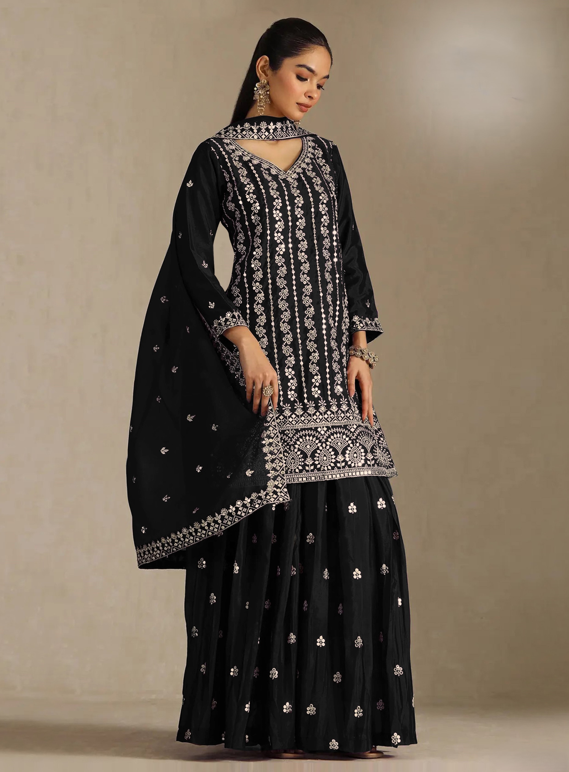 Black Floral Designer Embroidery Chinon Palazzo Suit