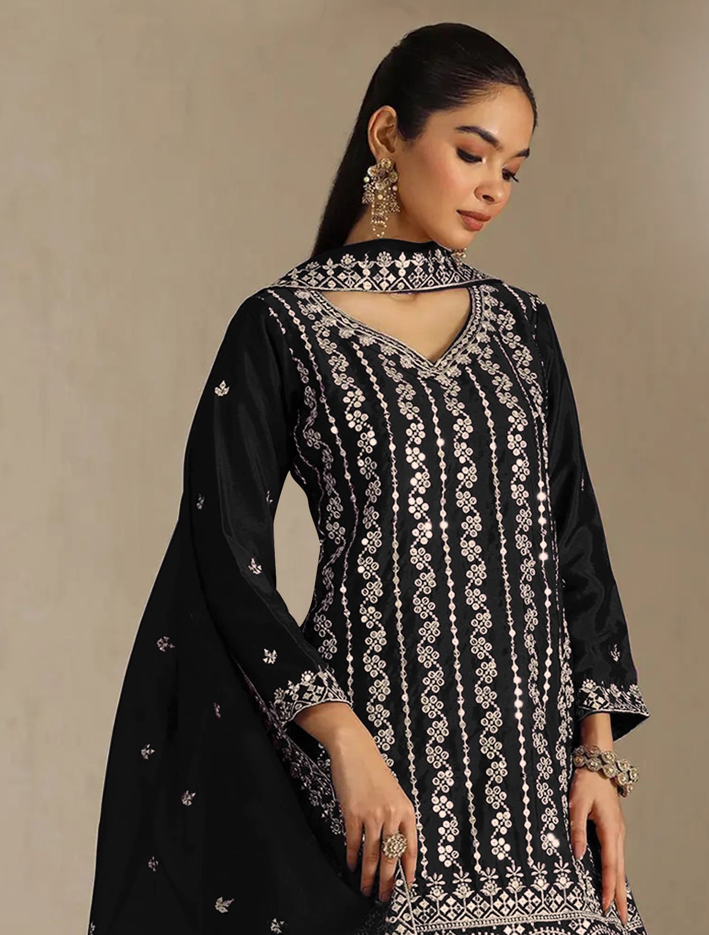 Black Floral Designer Embroidery Chinon Palazzo Suit — alternate view