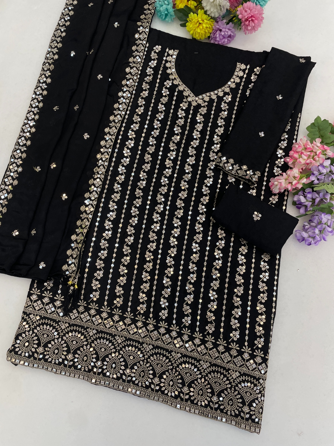 Black Floral Designer Embroidery Chinon Palazzo Suit