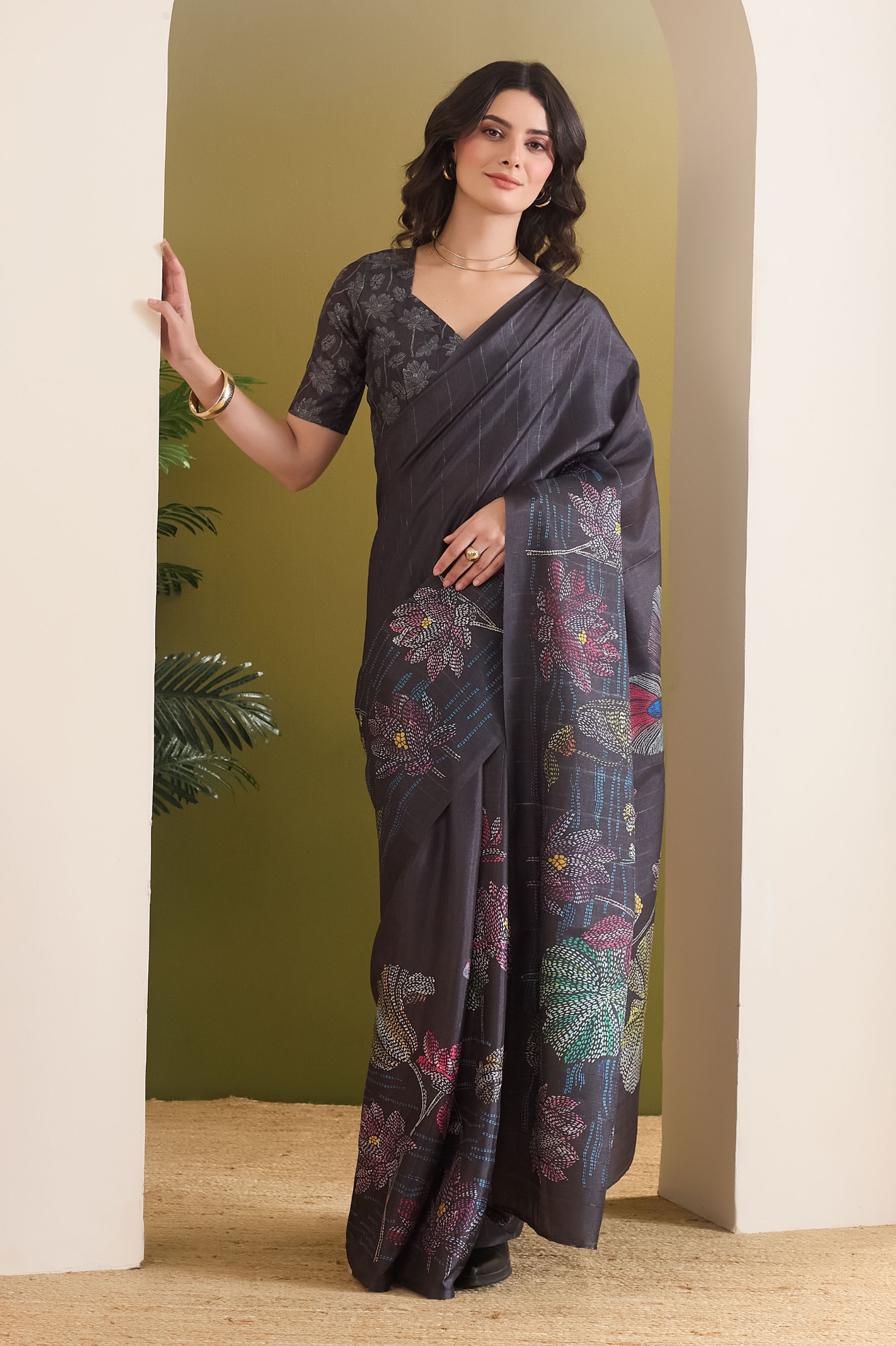 Black Floral Designer Printed Silk Blend Ready To Wear Saree