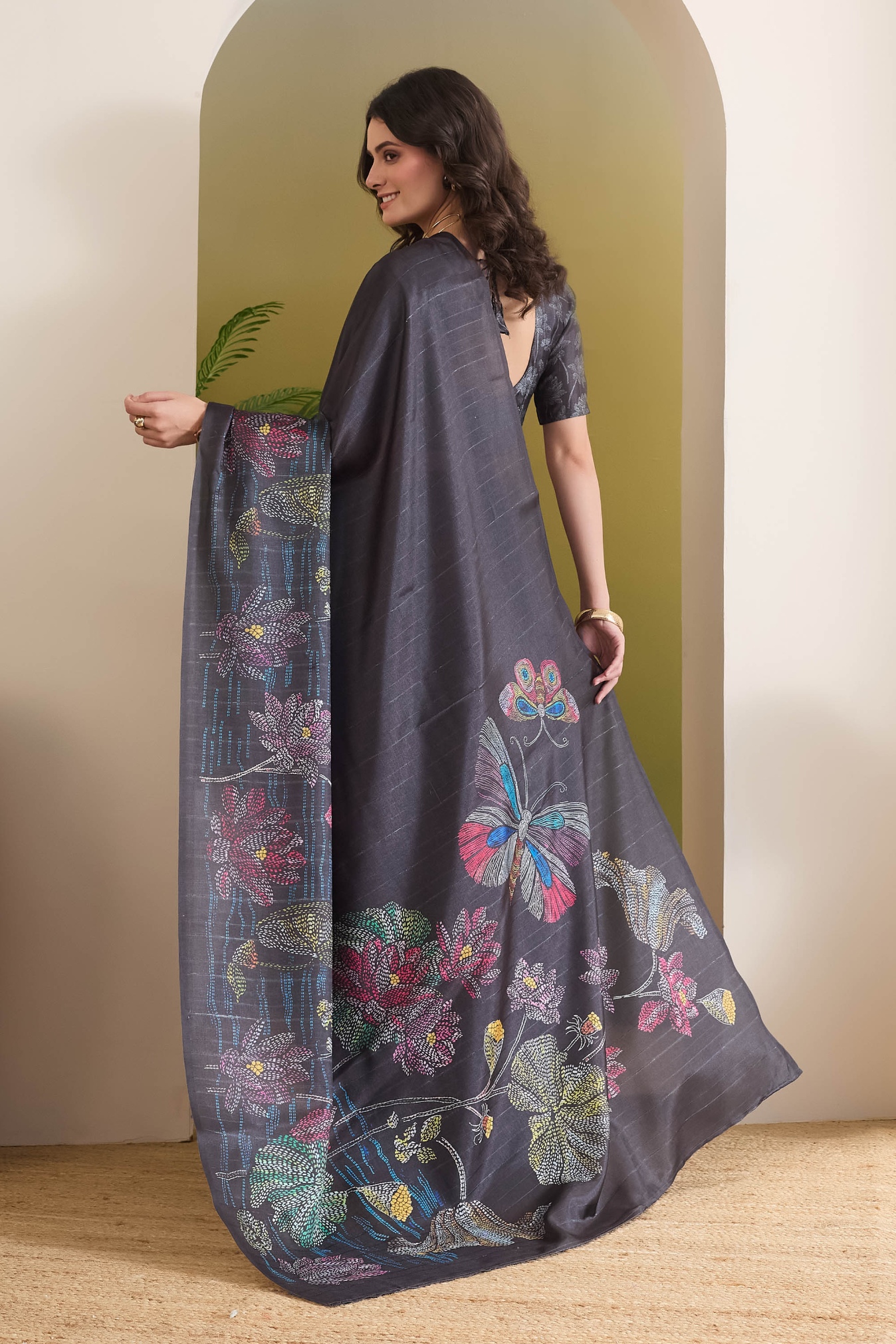 Black Floral Designer Printed Silk Blend Ready To Wear Saree — alternate view