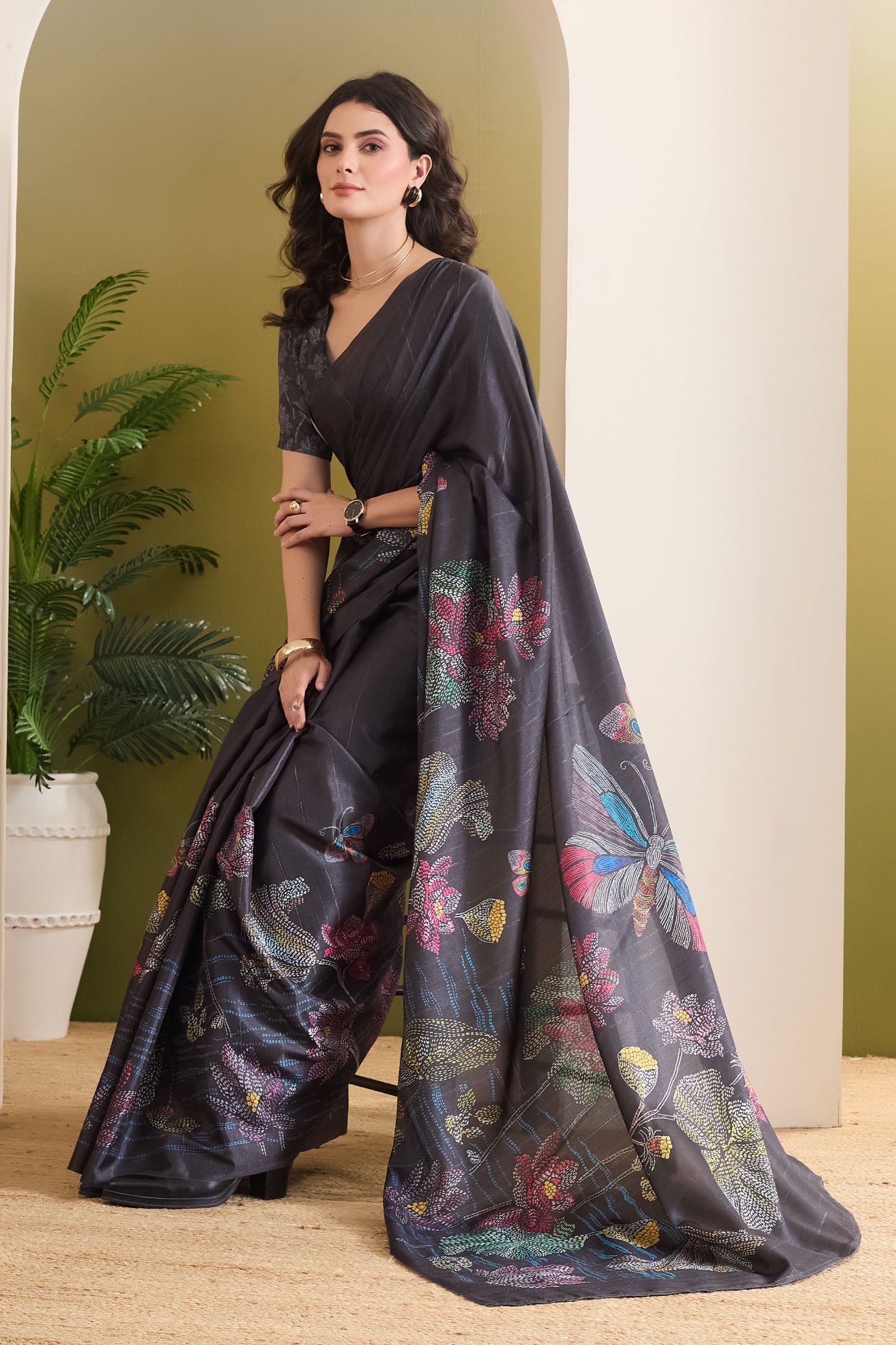 Black Floral Designer Printed Silk Blend Ready To Wear Saree