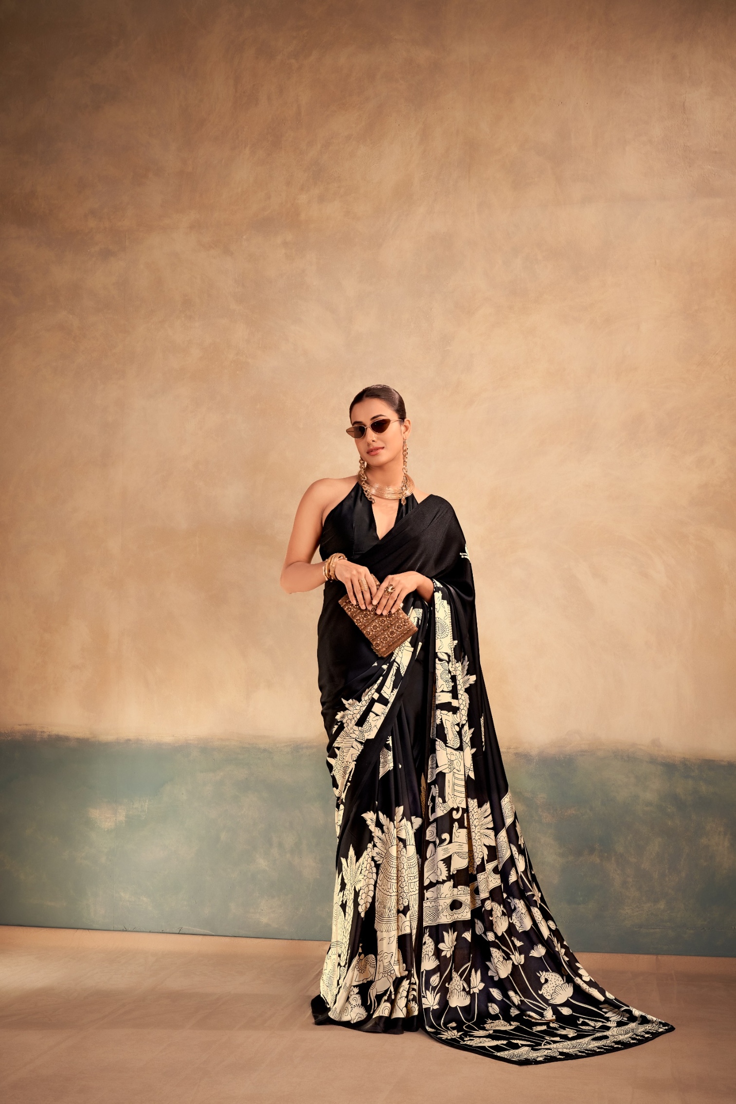 Black Floral Designer Satin Silk Saree