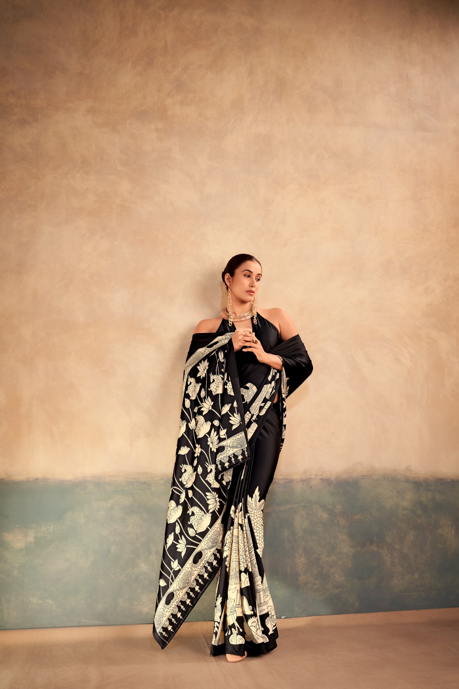 Black Floral Designer Satin Silk Saree