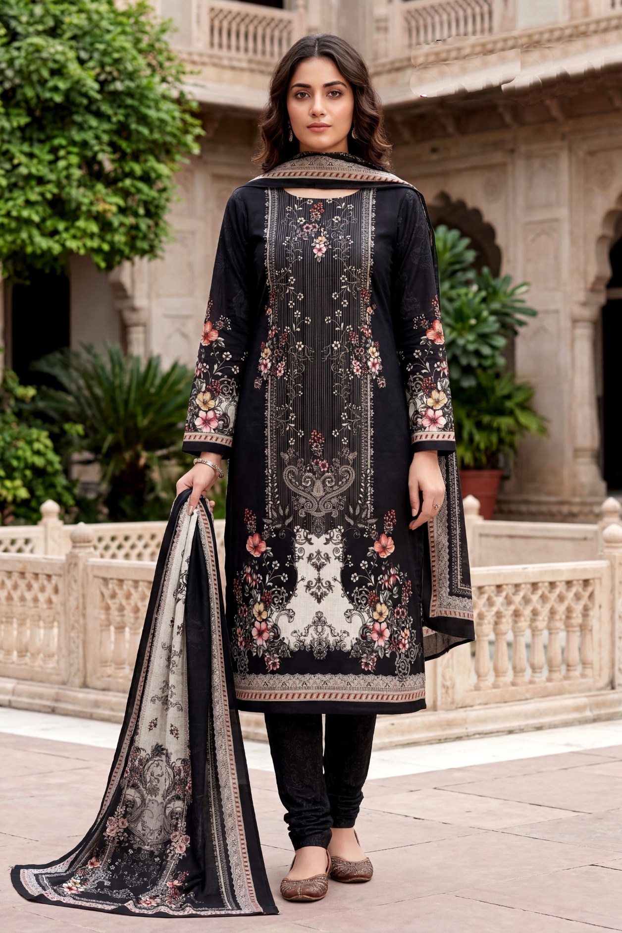 Black Floral Digital Cambric Straight Salwar Suit
