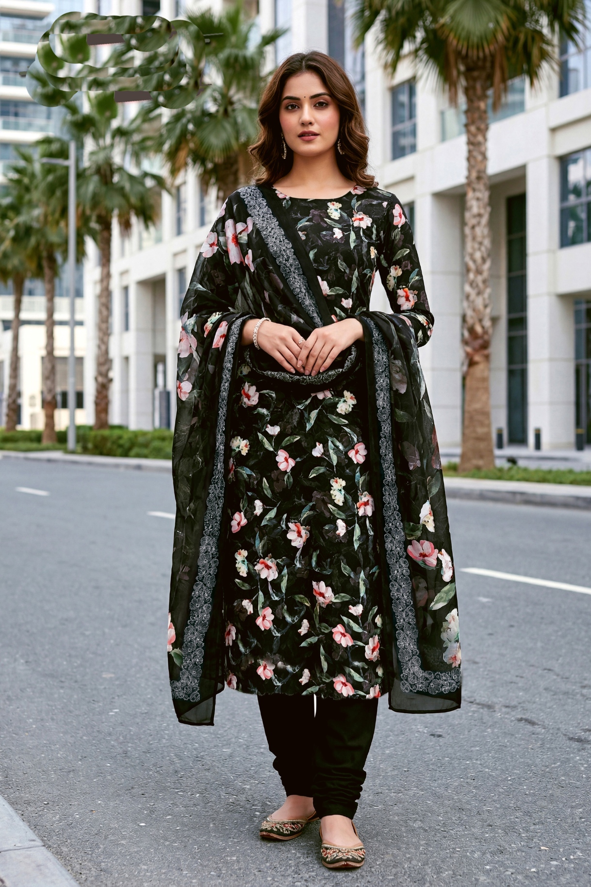 Black Floral Digital Crepe Straight Salwar Suit