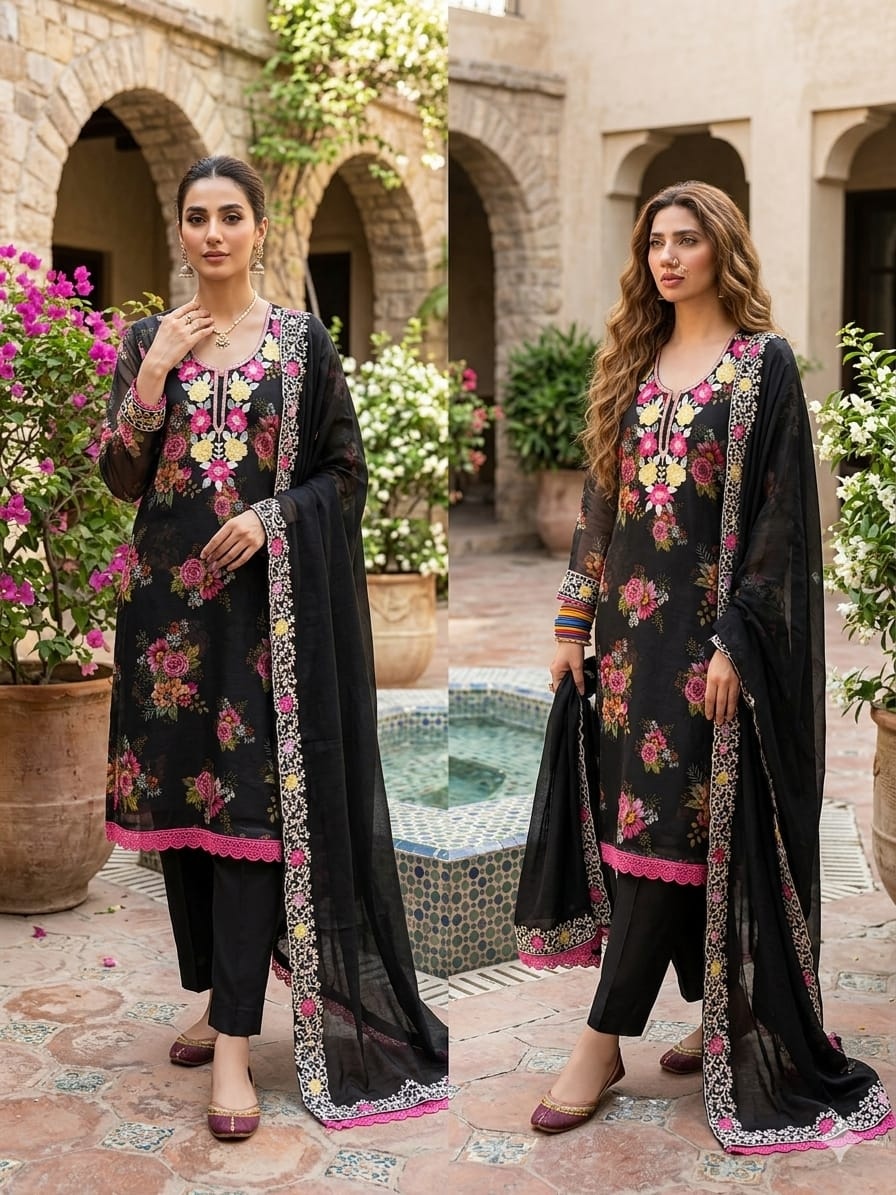 Black Floral Digital Print Embroidered Shimmer Straight Pant Suit