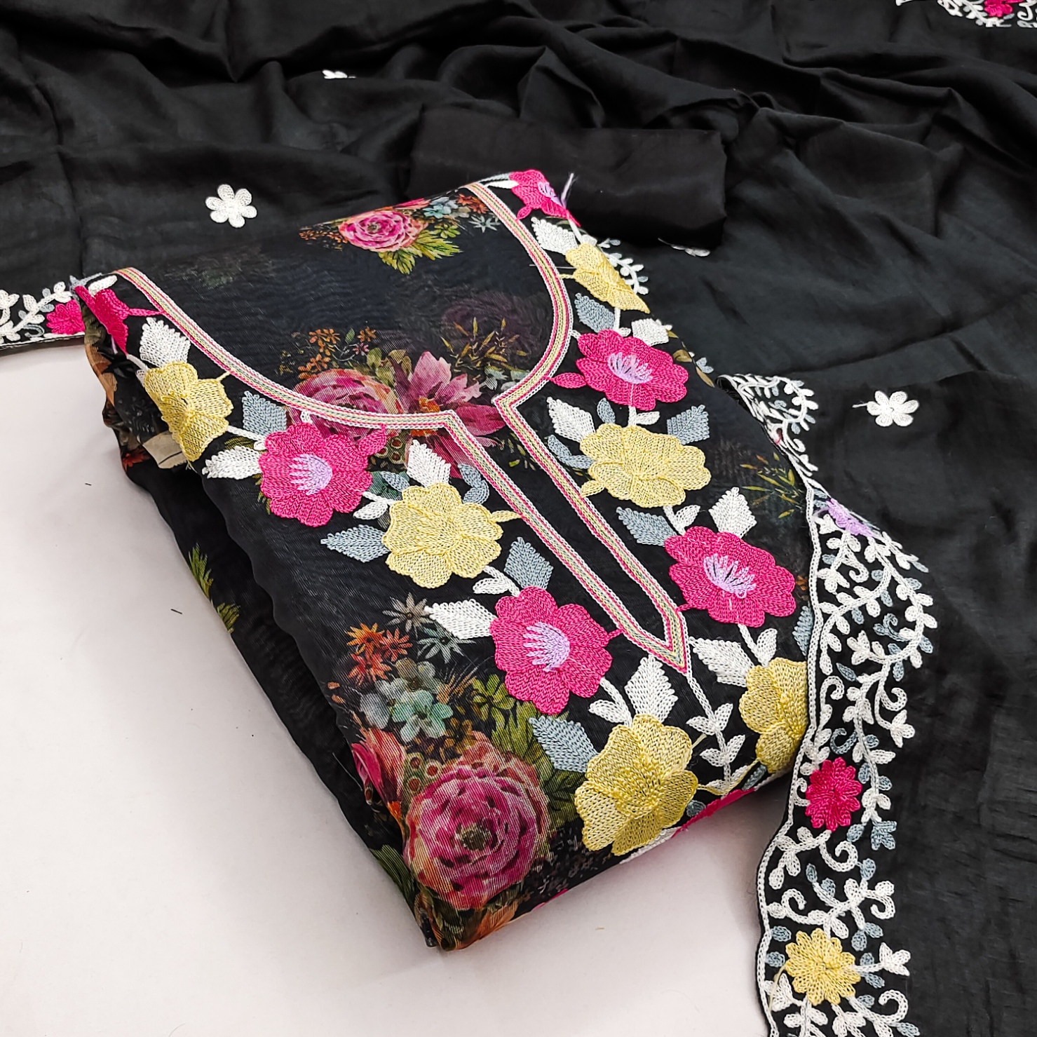 Black Floral Digital Print Embroidered Shimmer Straight Pant Suit