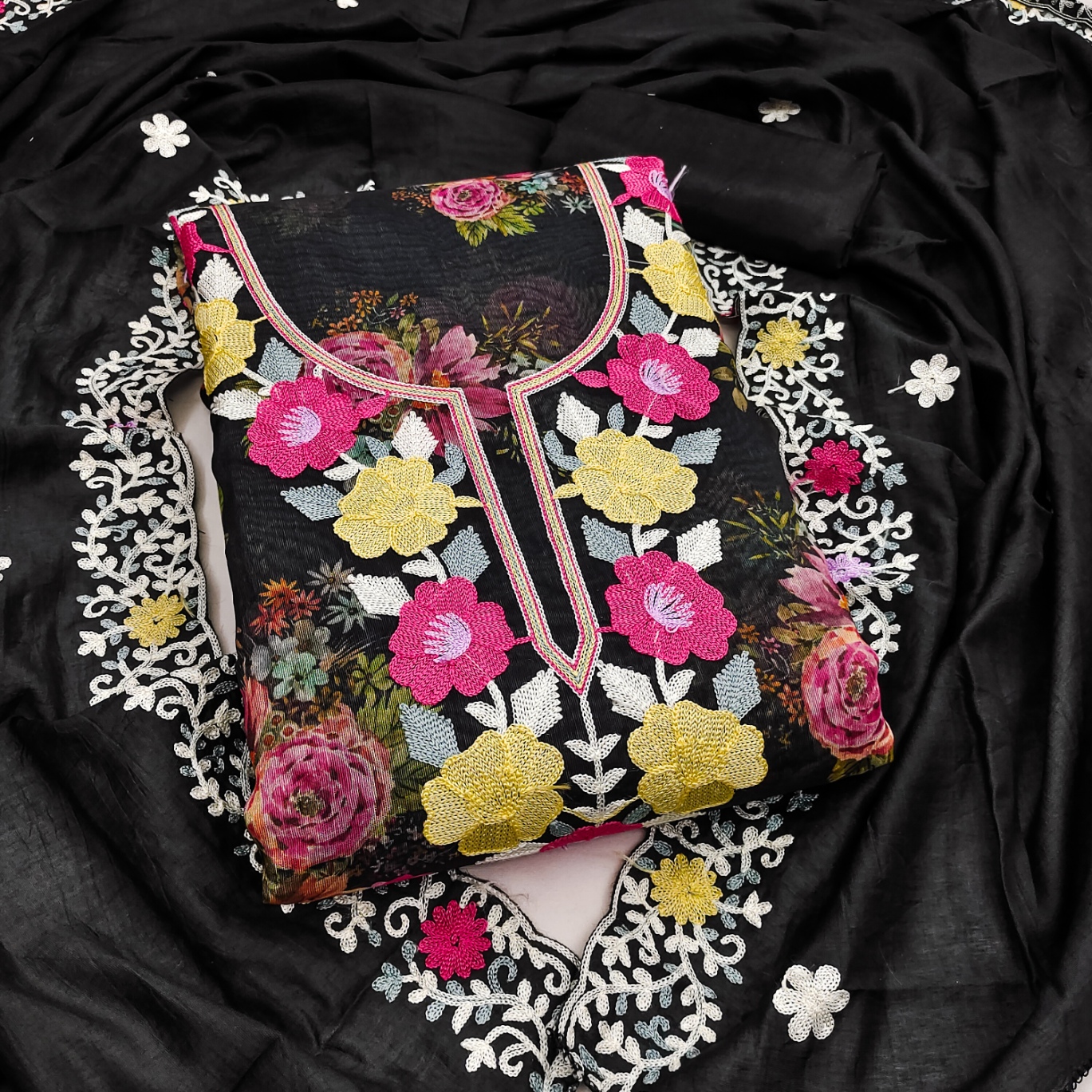 Black Floral Digital Print Embroidered Shimmer Straight Pant Suit