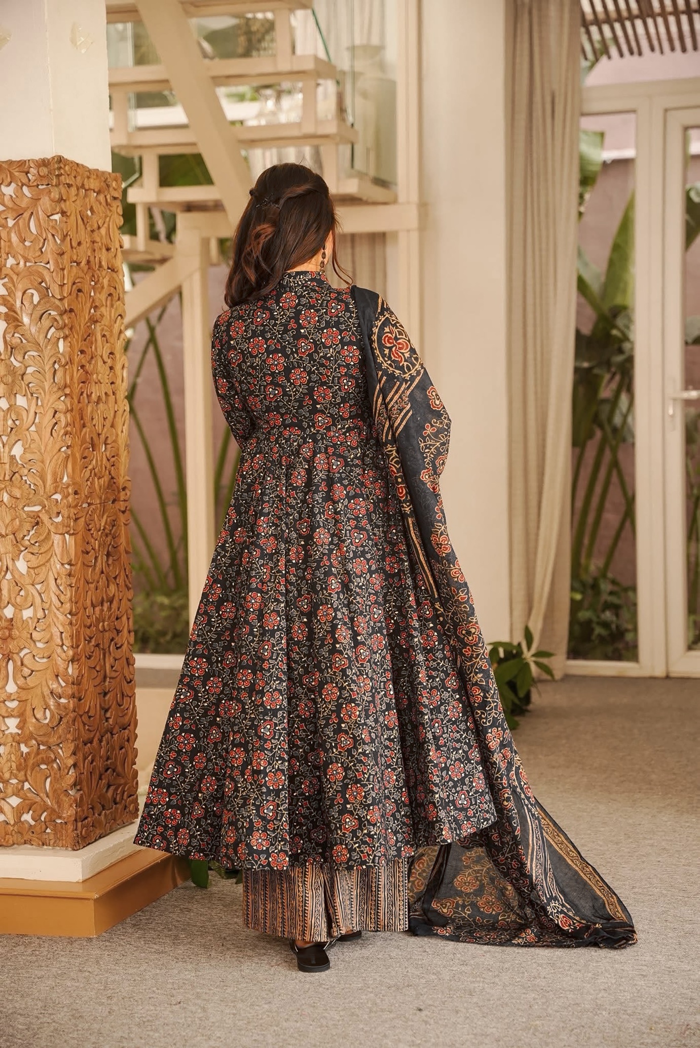 Black Floral Digital Print Muslin Anarkali Suit — alternate view