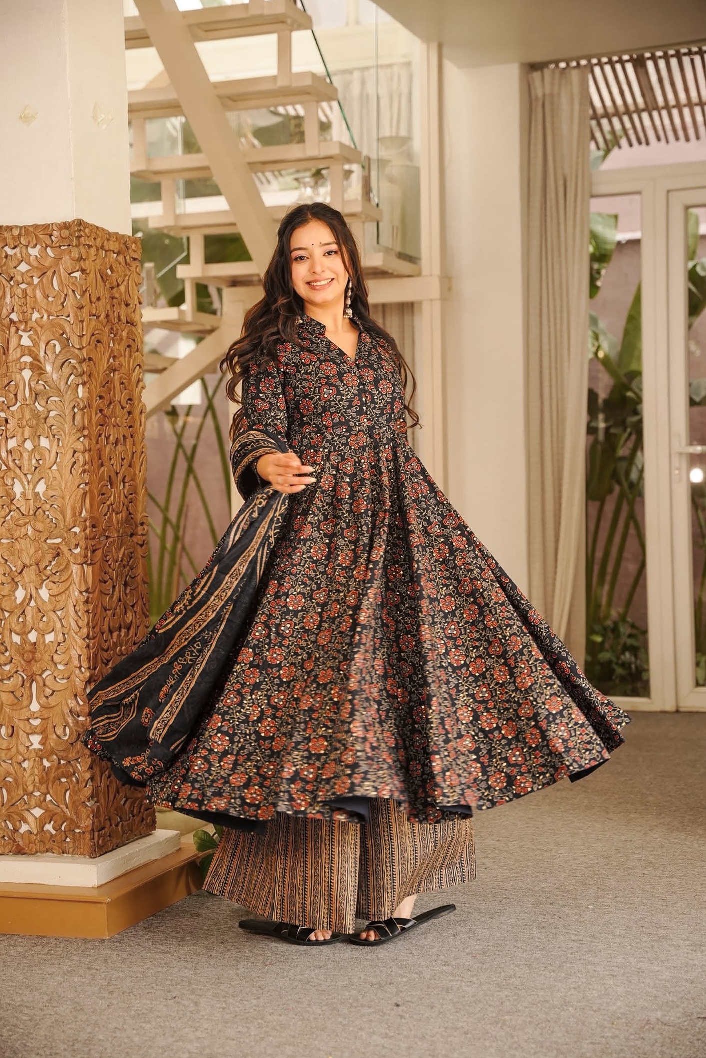 Black Floral Digital Print Muslin Anarkali Suit