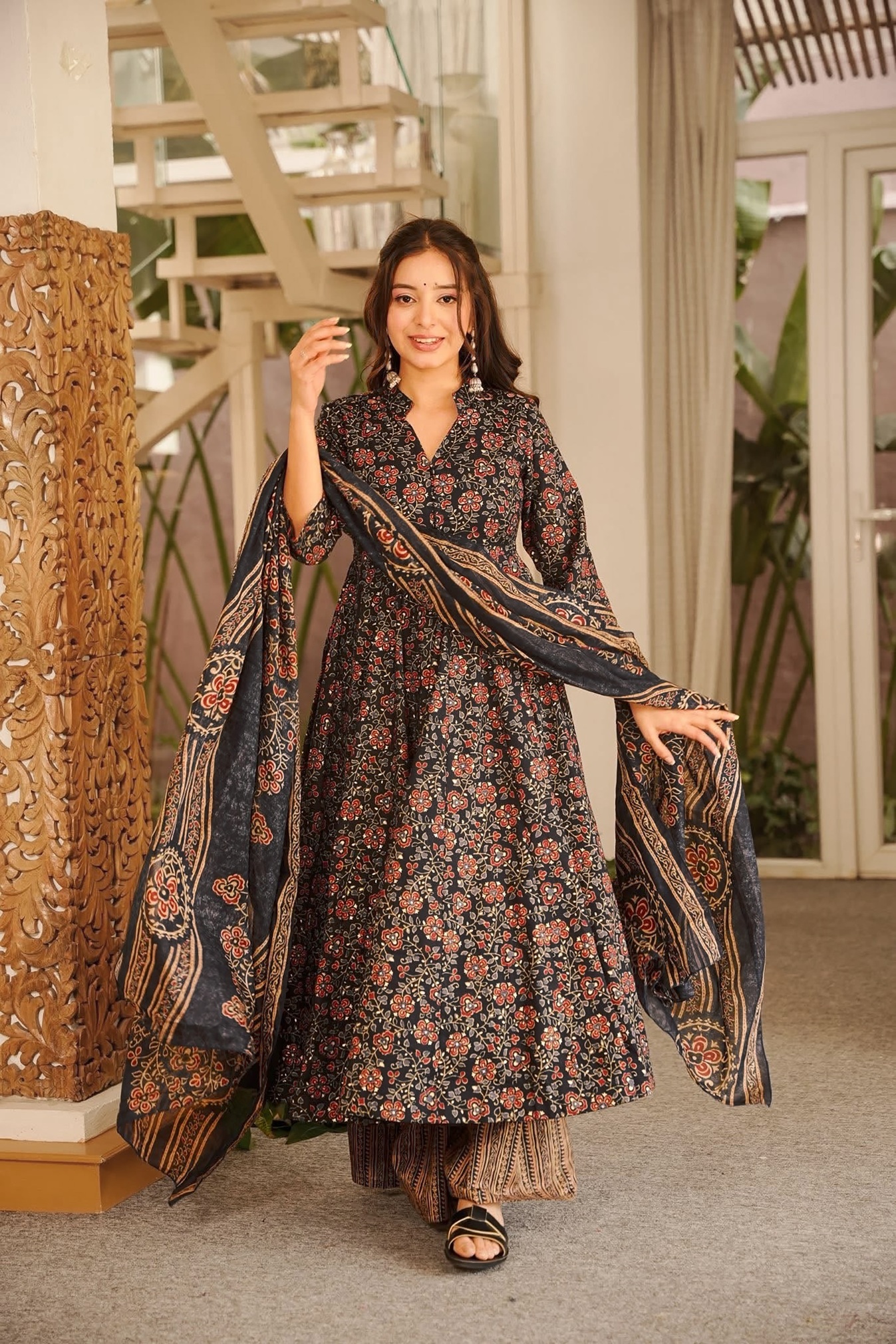 Black Floral Digital Print Muslin Anarkali Suit
