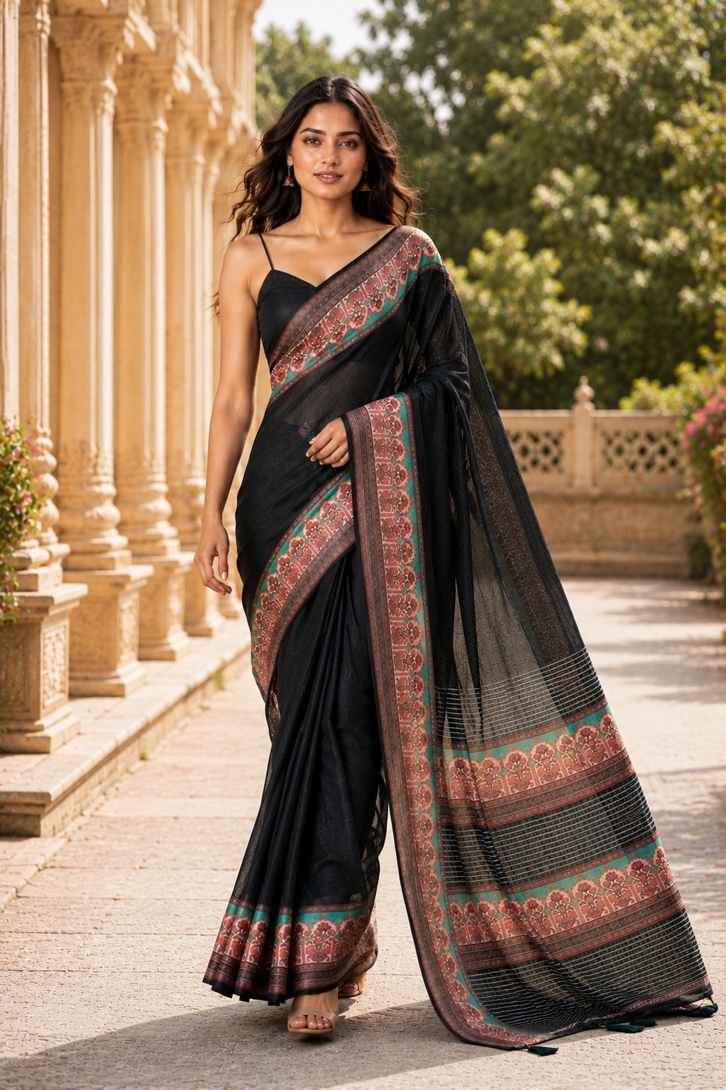 Black Floral Digital Printed Chanderi Linen Saree