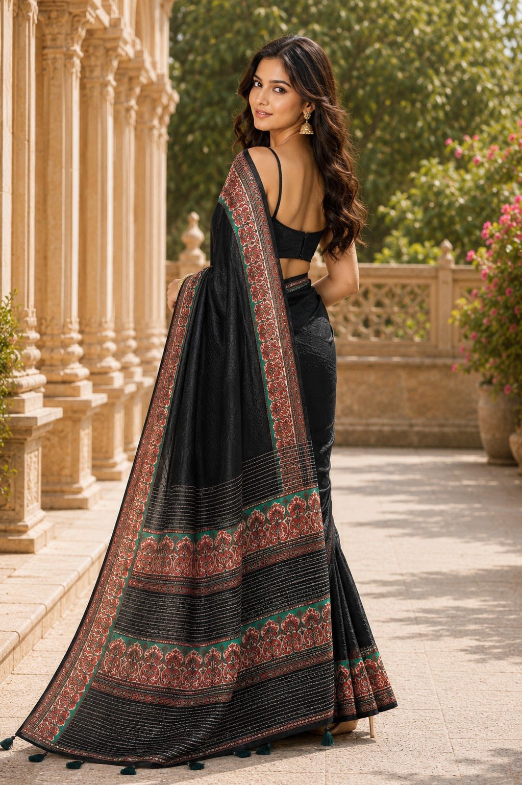 Black Floral Digital Printed Chanderi Linen Saree — alternate view