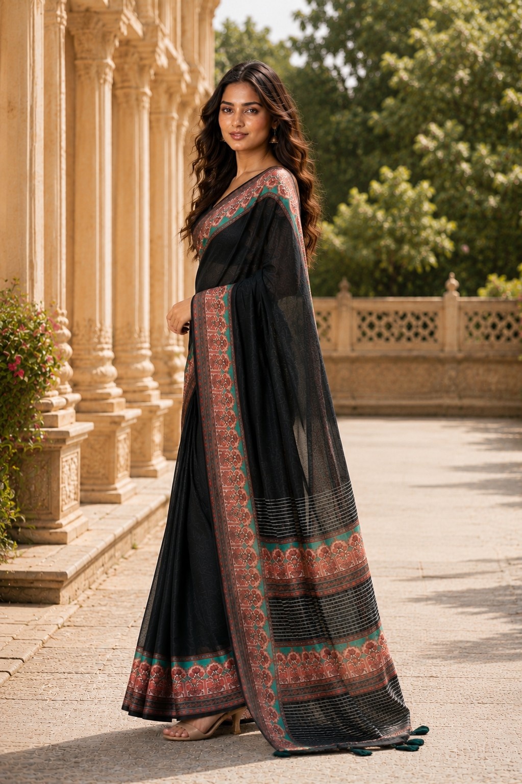 Black Floral Digital Printed Chanderi Linen Saree