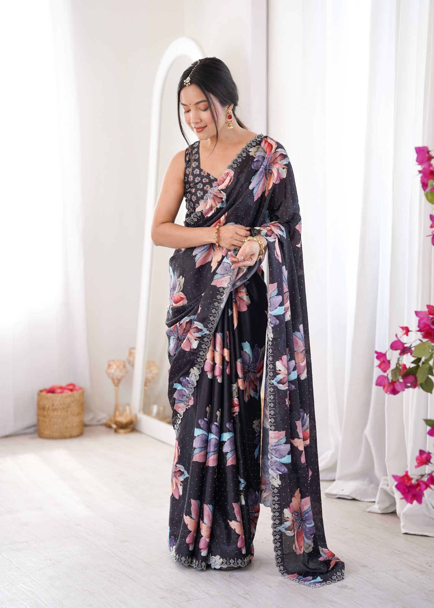 Black Floral Digital Printed Chinon Saree
