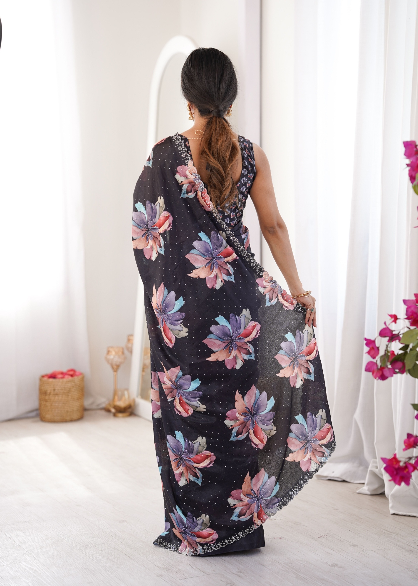 Black Floral Digital Printed Chinon Saree — alternate view