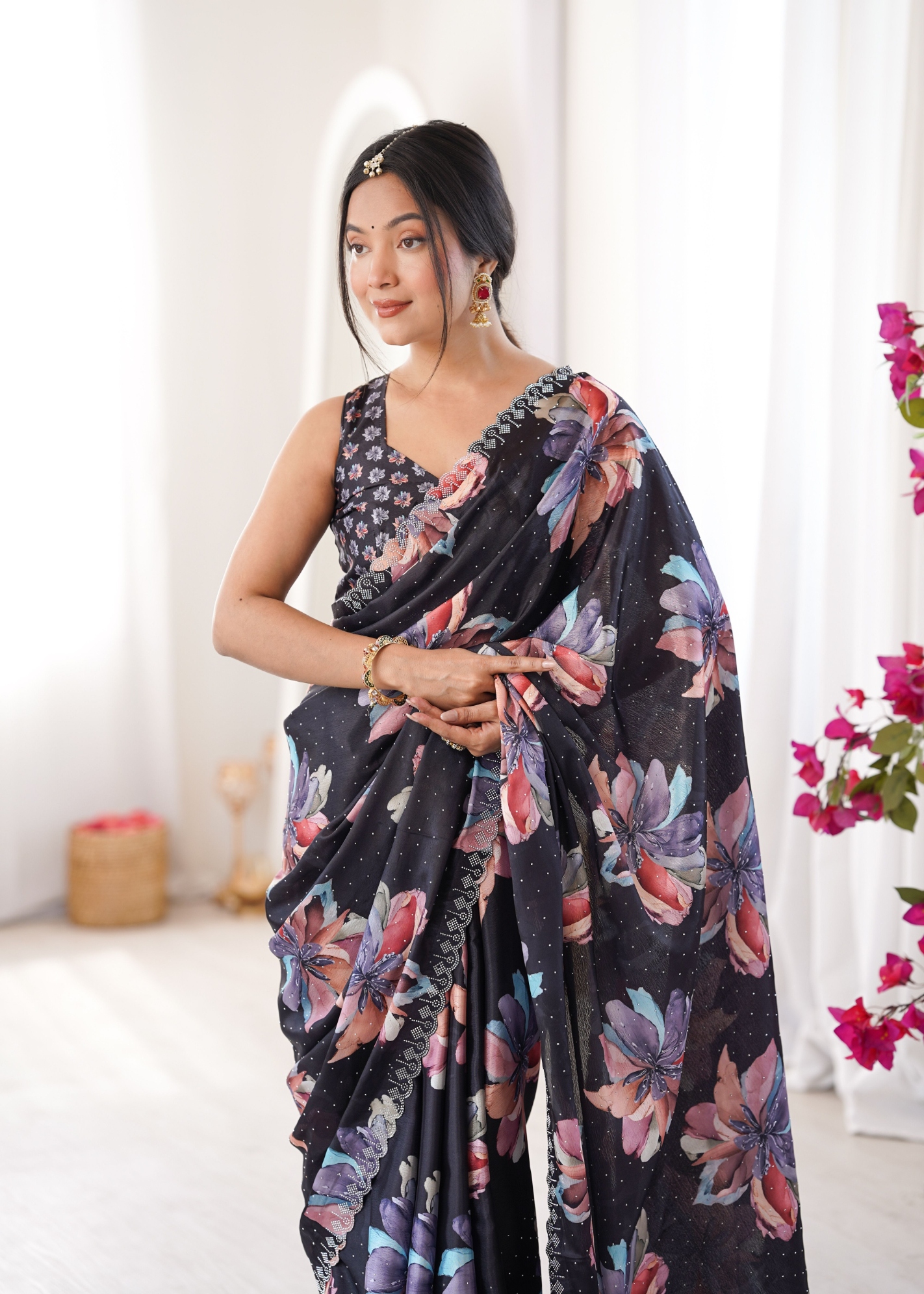 Black Floral Digital Printed Chinon Saree