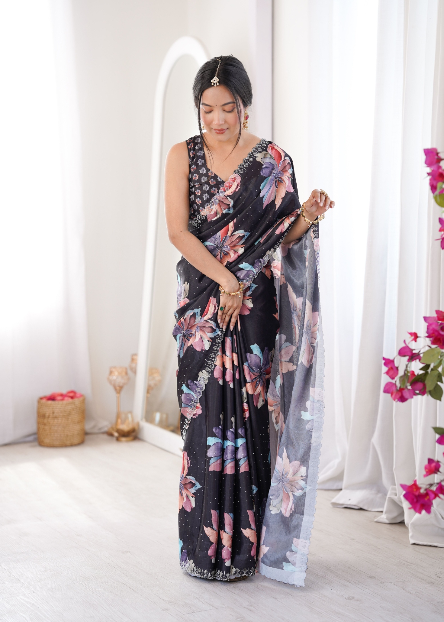 Black Floral Digital Printed Chinon Saree
