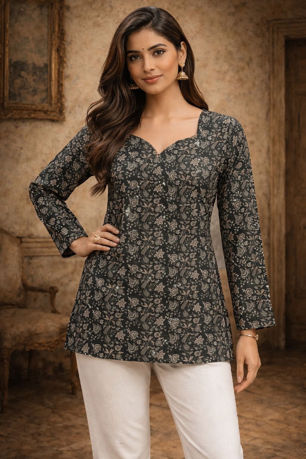Black Floral Digital Printed Maslin Kurti