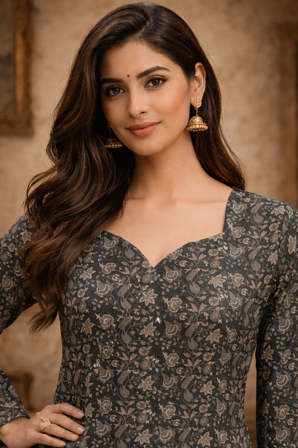 Black Floral Digital Printed Maslin Kurti — alternate view