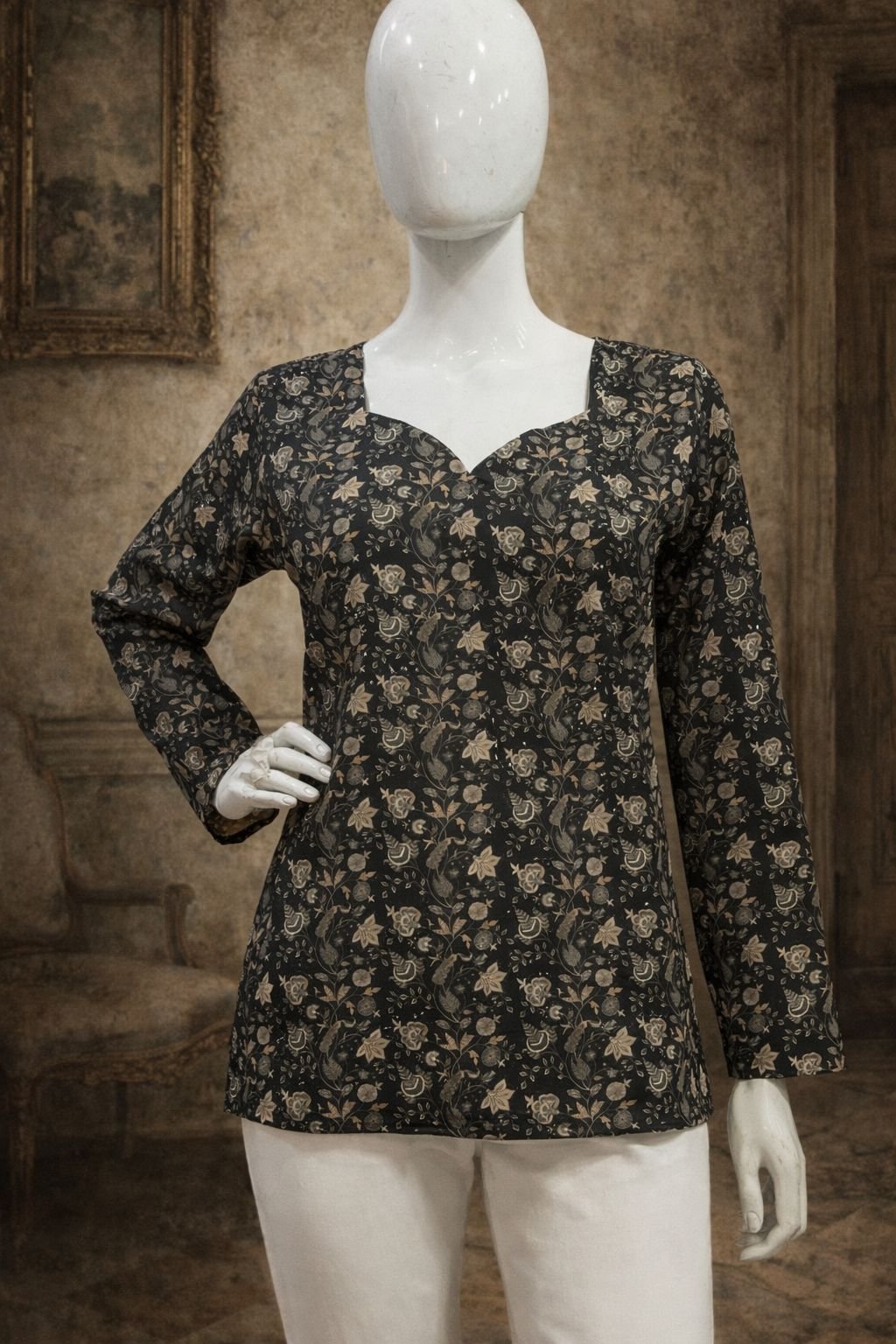Black Floral Digital Printed Maslin Kurti