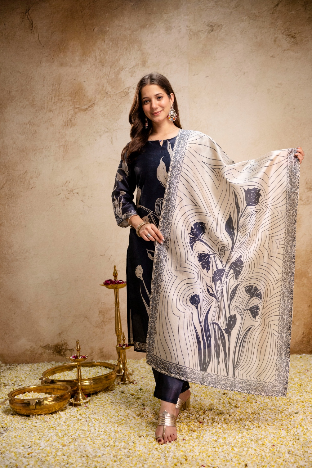 Black Floral Digital Printed Silk Salwar Suit