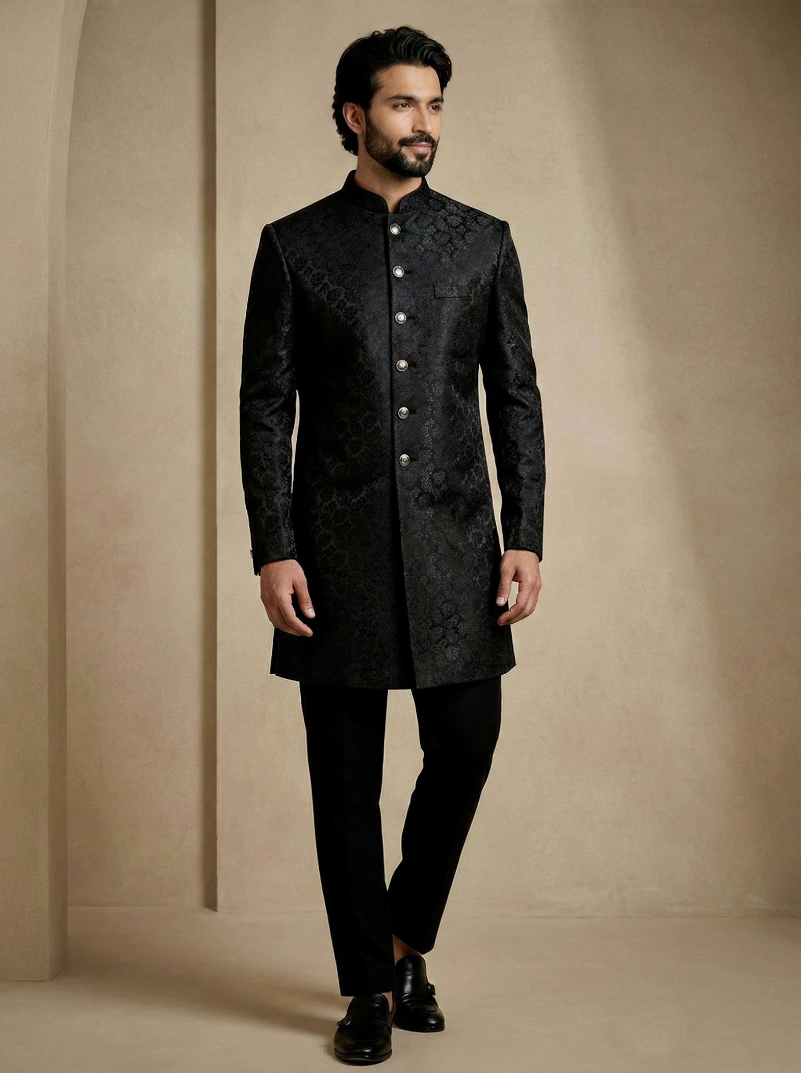 Black Floral Donier Jacquard Indo-Western Sherwani