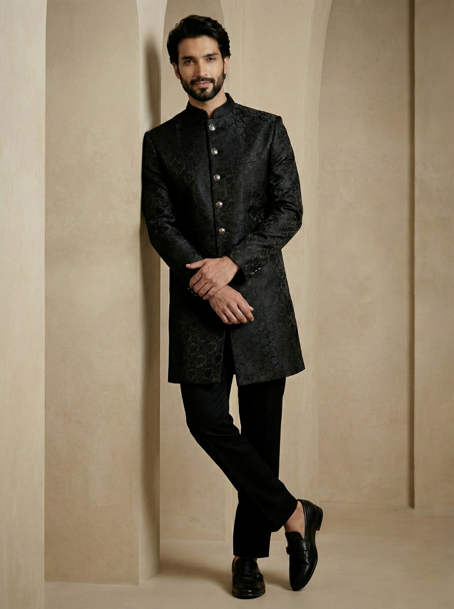 Black Floral Donier Jacquard Indo-Western Sherwani — alternate view