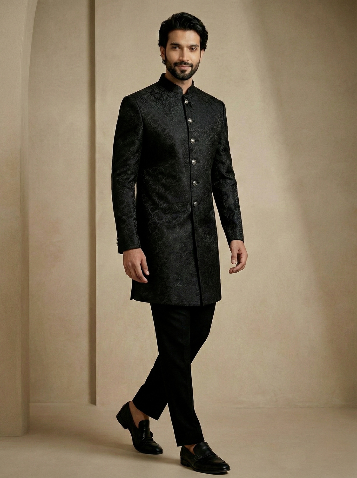 Black Floral Donier Jacquard Indo-Western Sherwani