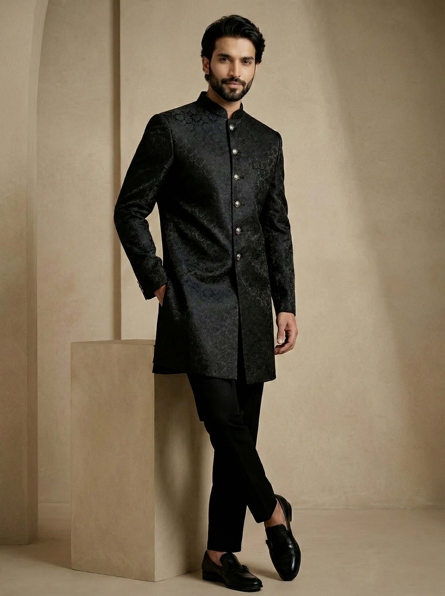 Black Floral Donier Jacquard Indo-Western Sherwani
