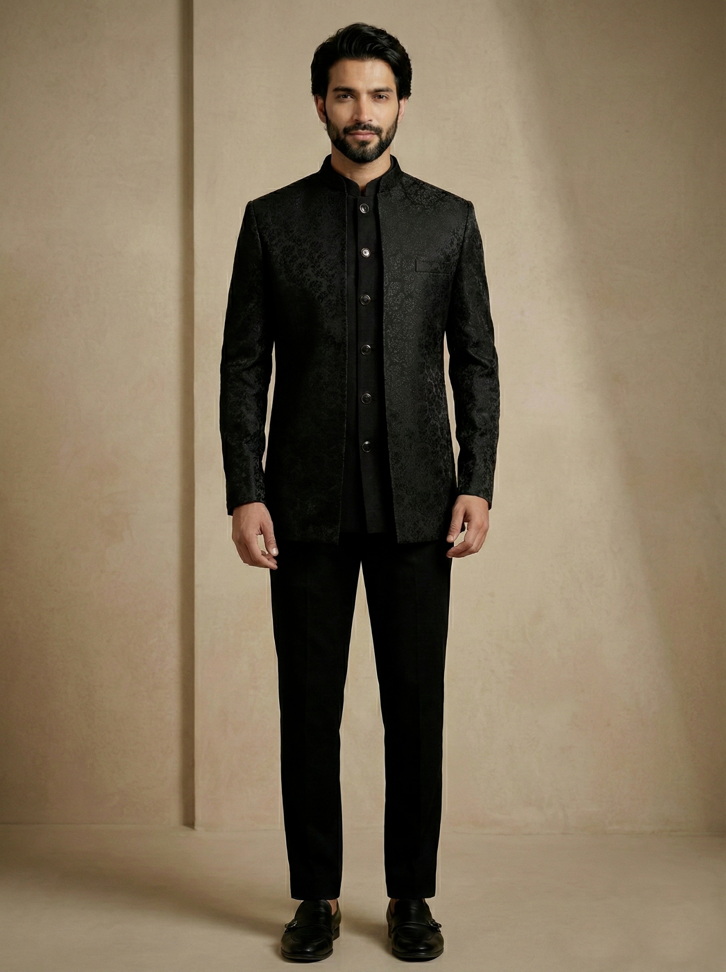 Black Floral Donier Jacquard Indo-Western Sherwani
