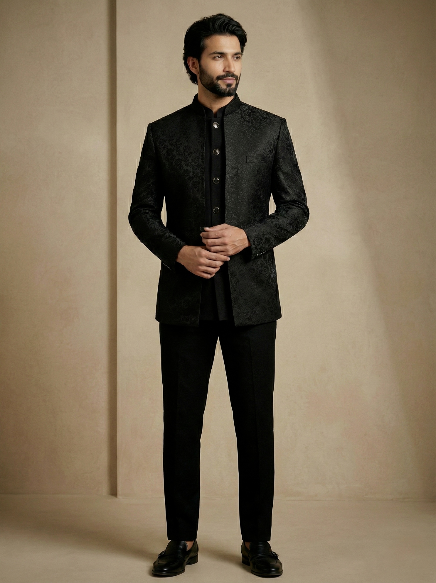Black Floral Donier Jacquard Indo-Western Sherwani — alternate view