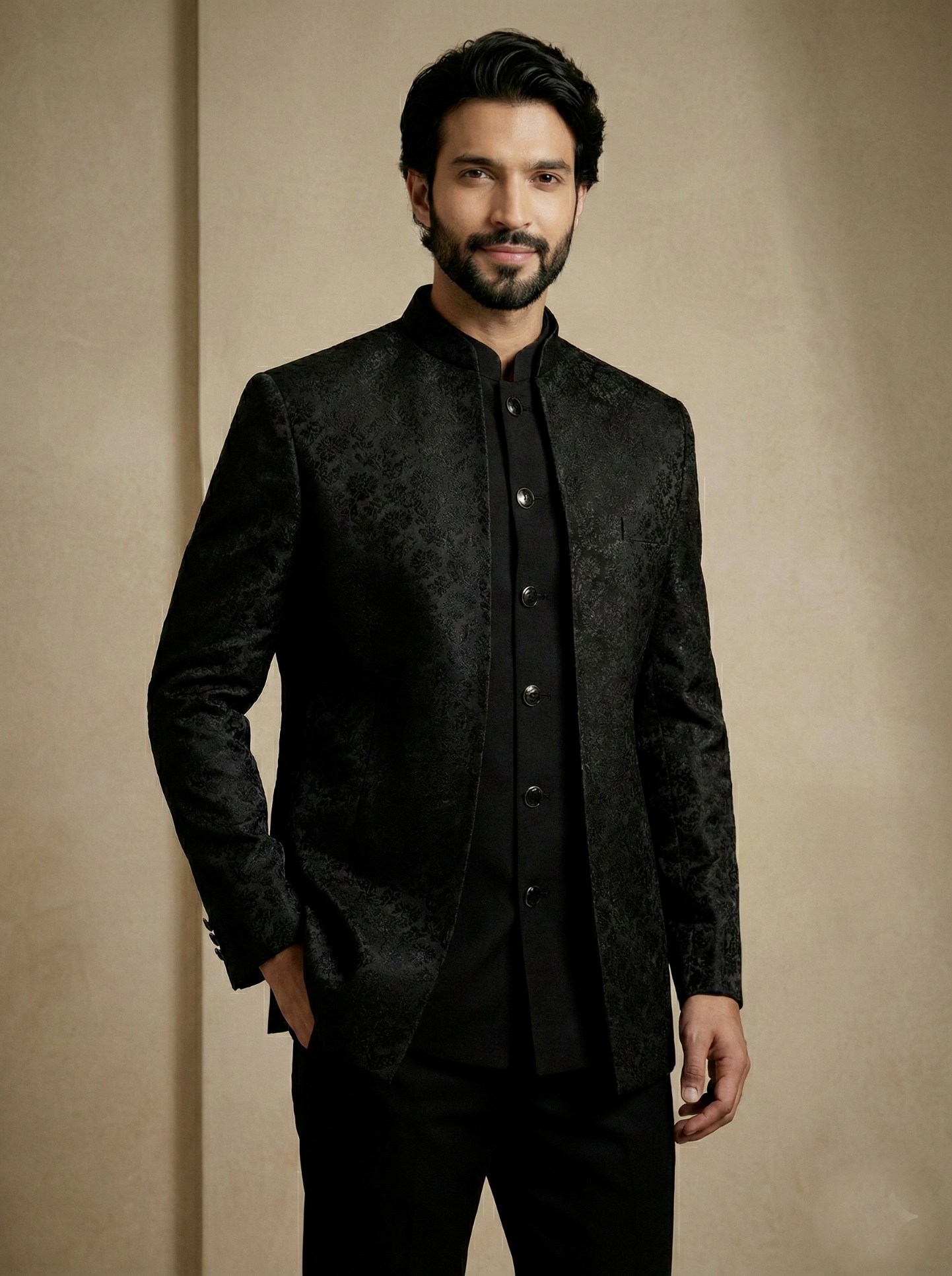 Black Floral Donier Jacquard Indo-Western Sherwani