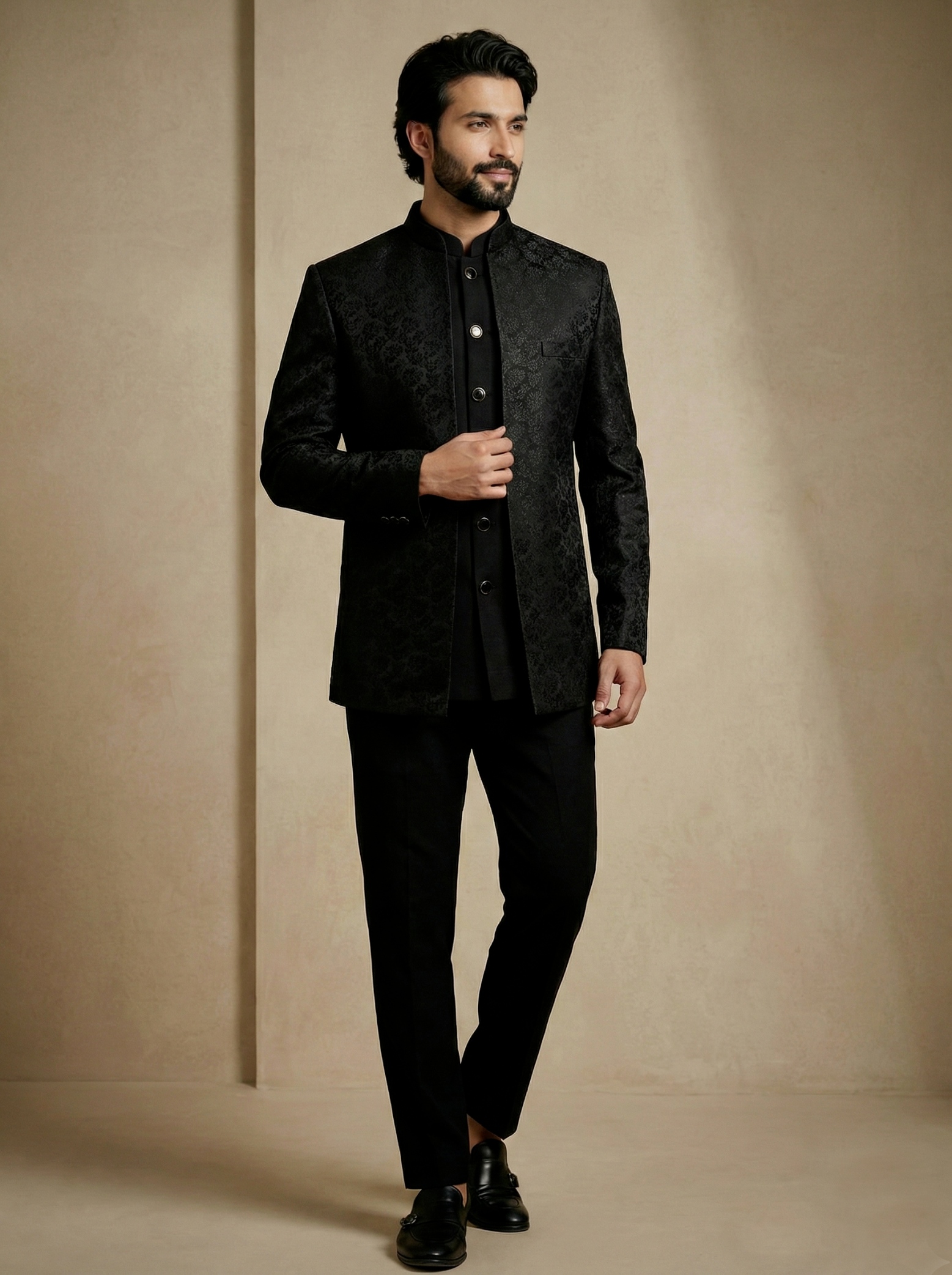 Black Floral Donier Jacquard Indo-Western Sherwani