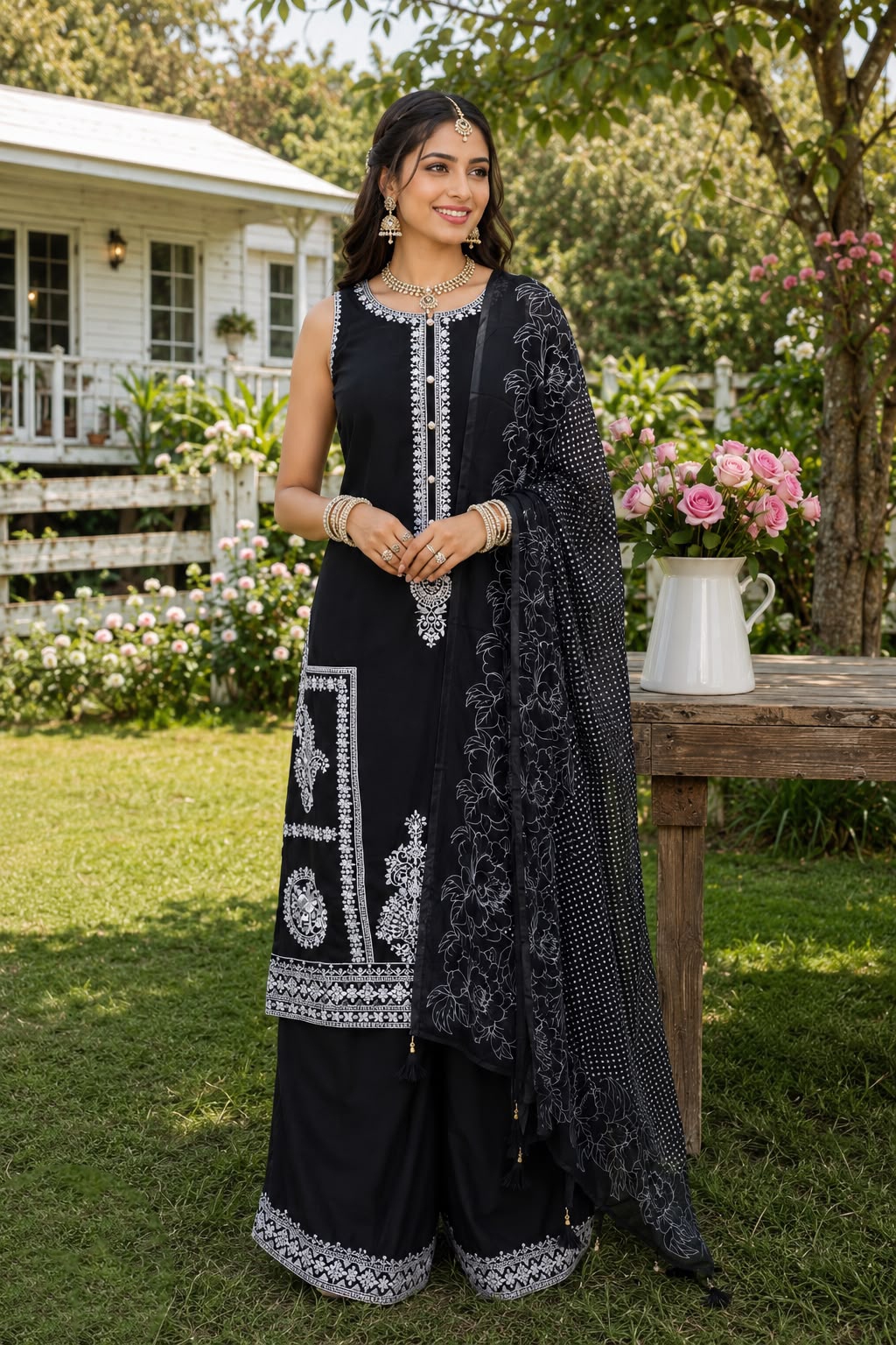 Black Floral Embroidered Chinon Palazzo Suit
