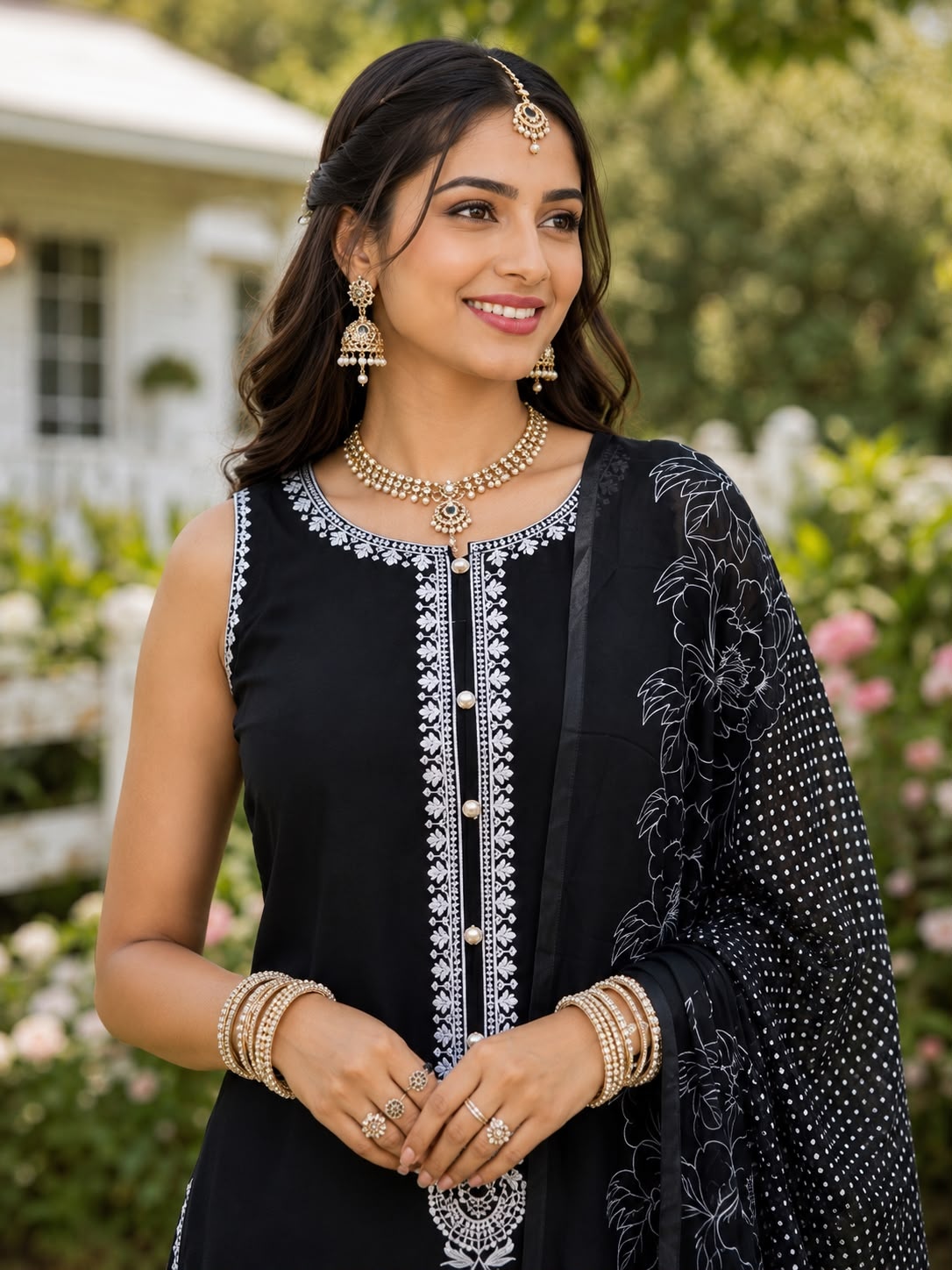 Black Floral Embroidered Chinon Palazzo Suit — alternate view