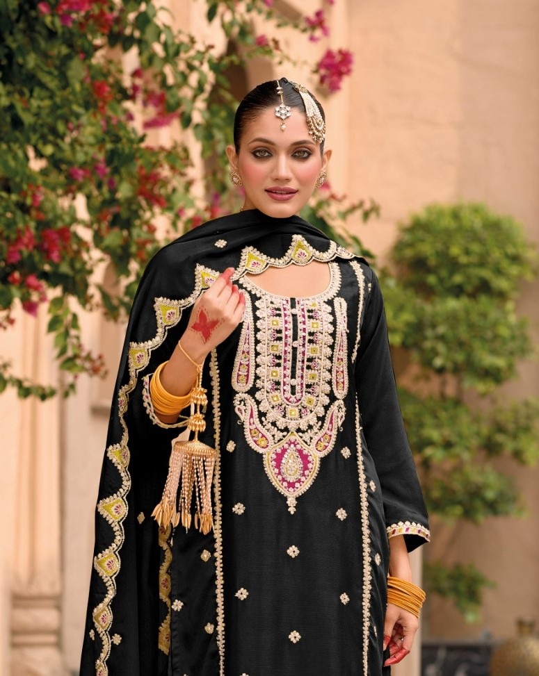 Black Floral Embroidered Chinon Palazzo Suit — alternate view