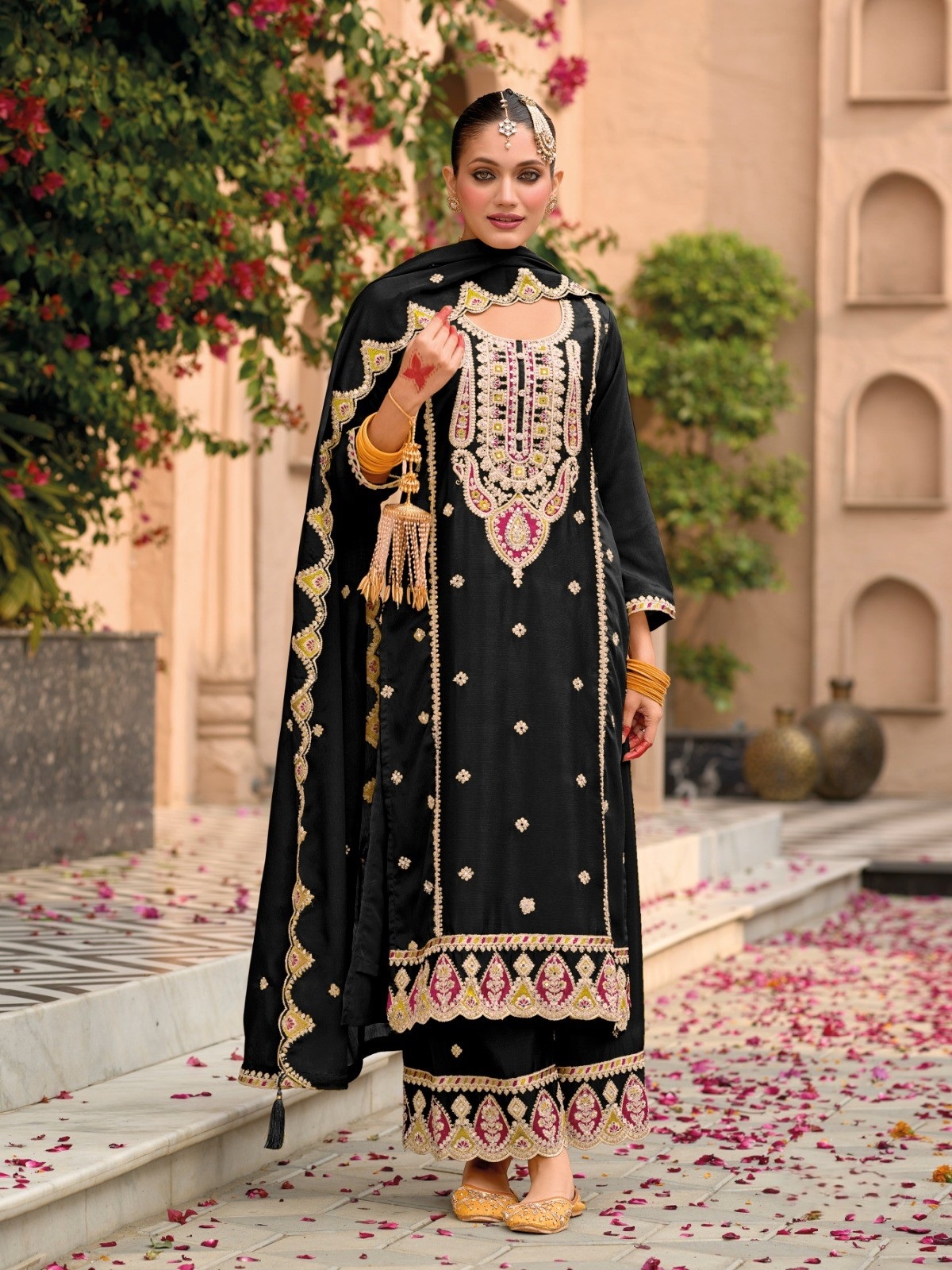 Black Floral Embroidered Chinon Palazzo Suit