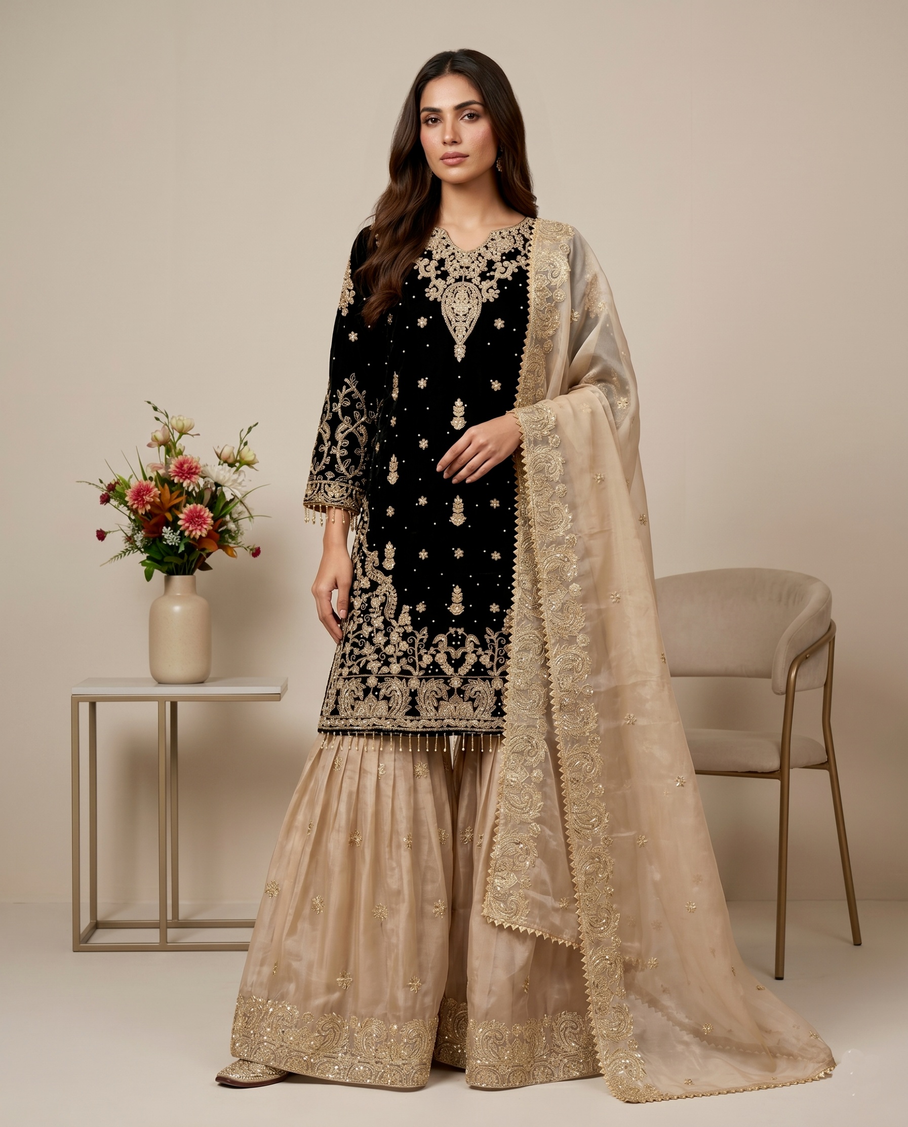 Black Floral Embroidered Gmy Silk Straight Sharara Suit