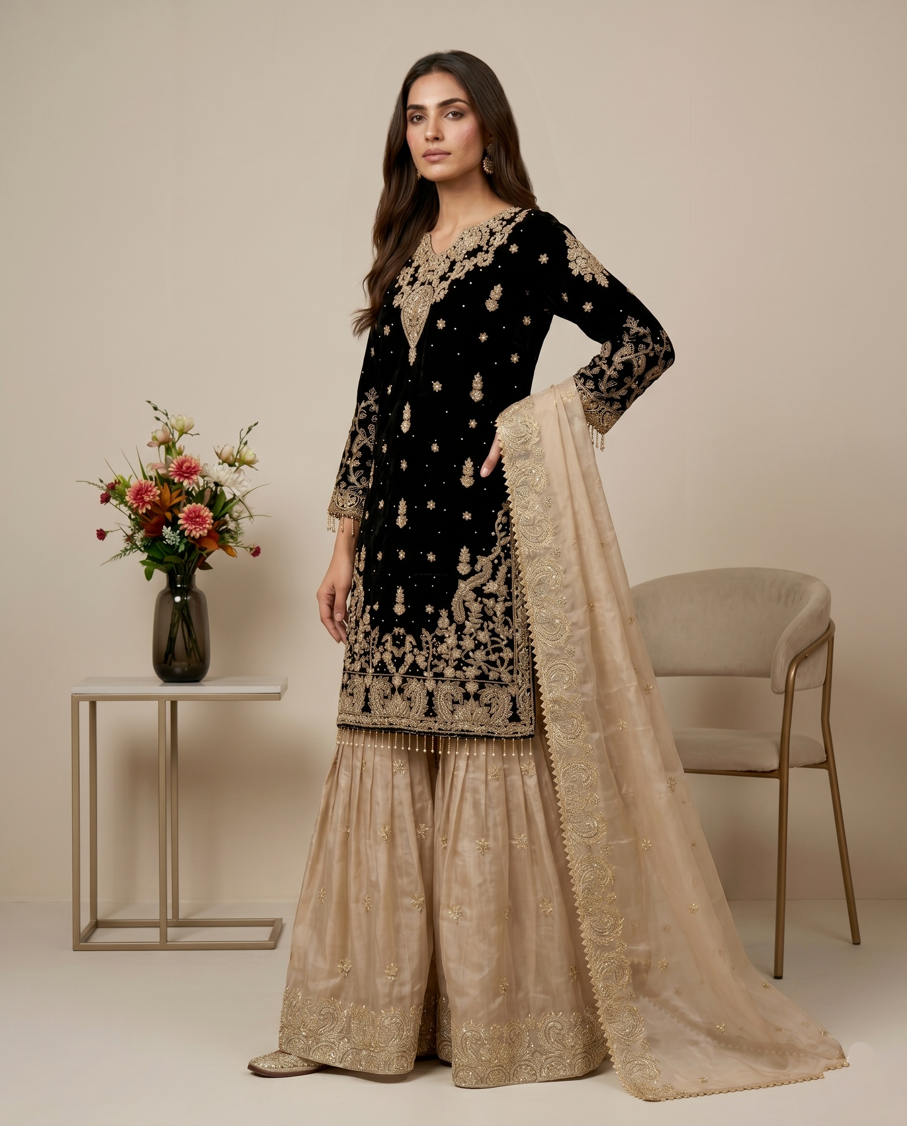 Black Floral Embroidered Gmy Silk Straight Sharara Suit — alternate view