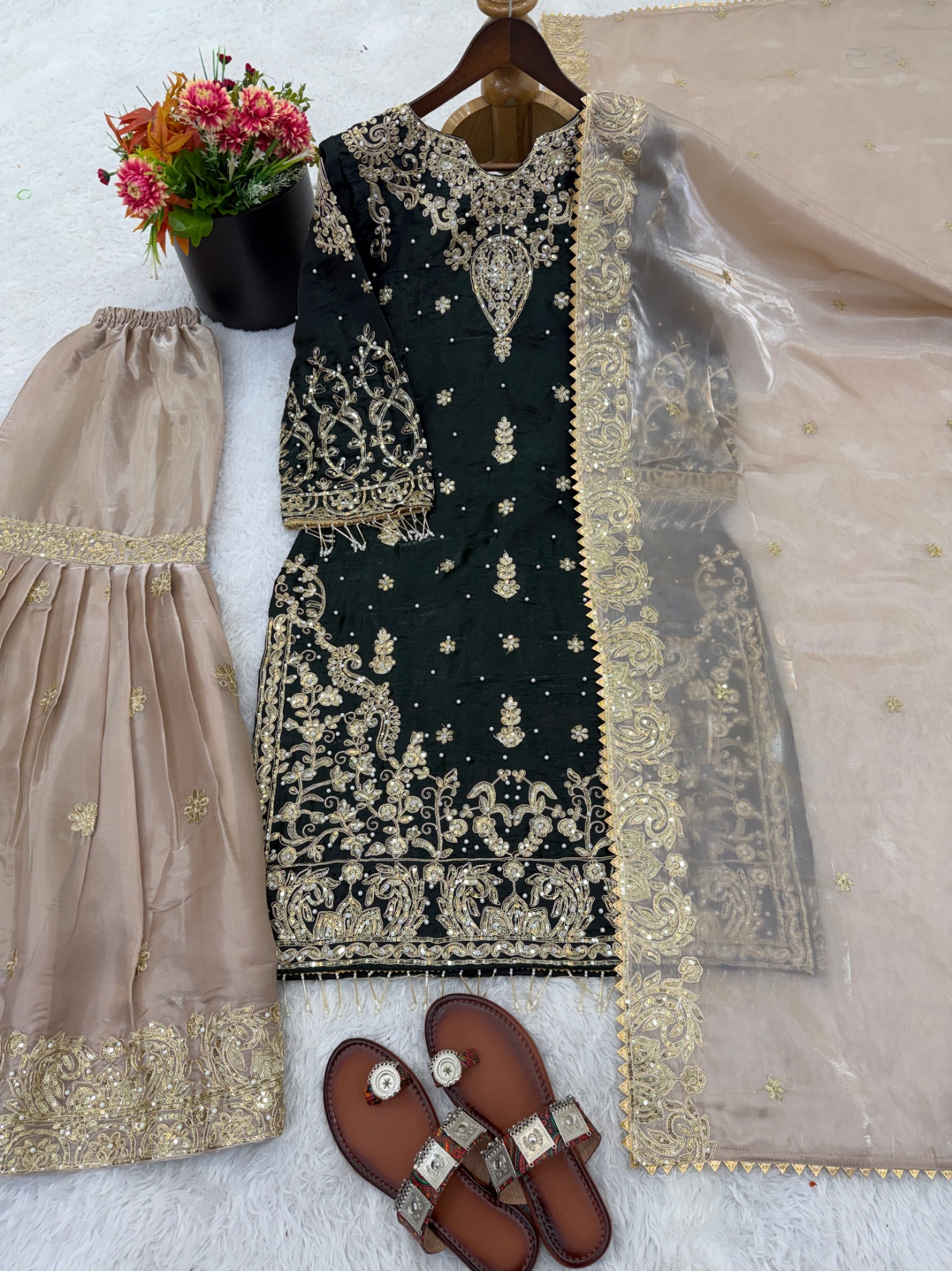 Black Floral Embroidered Gmy Silk Straight Sharara Suit
