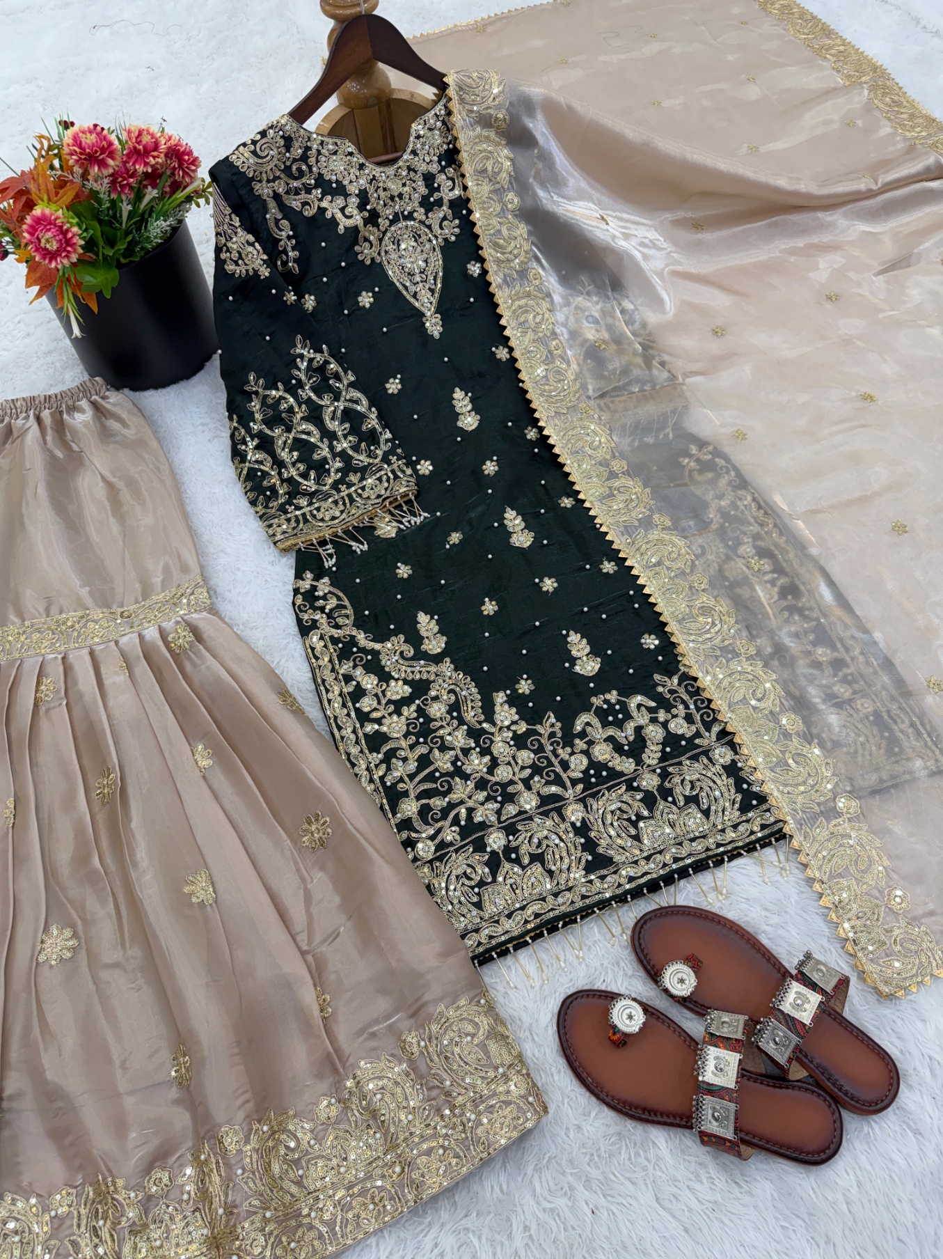 Black Floral Embroidered Gmy Silk Straight Sharara Suit