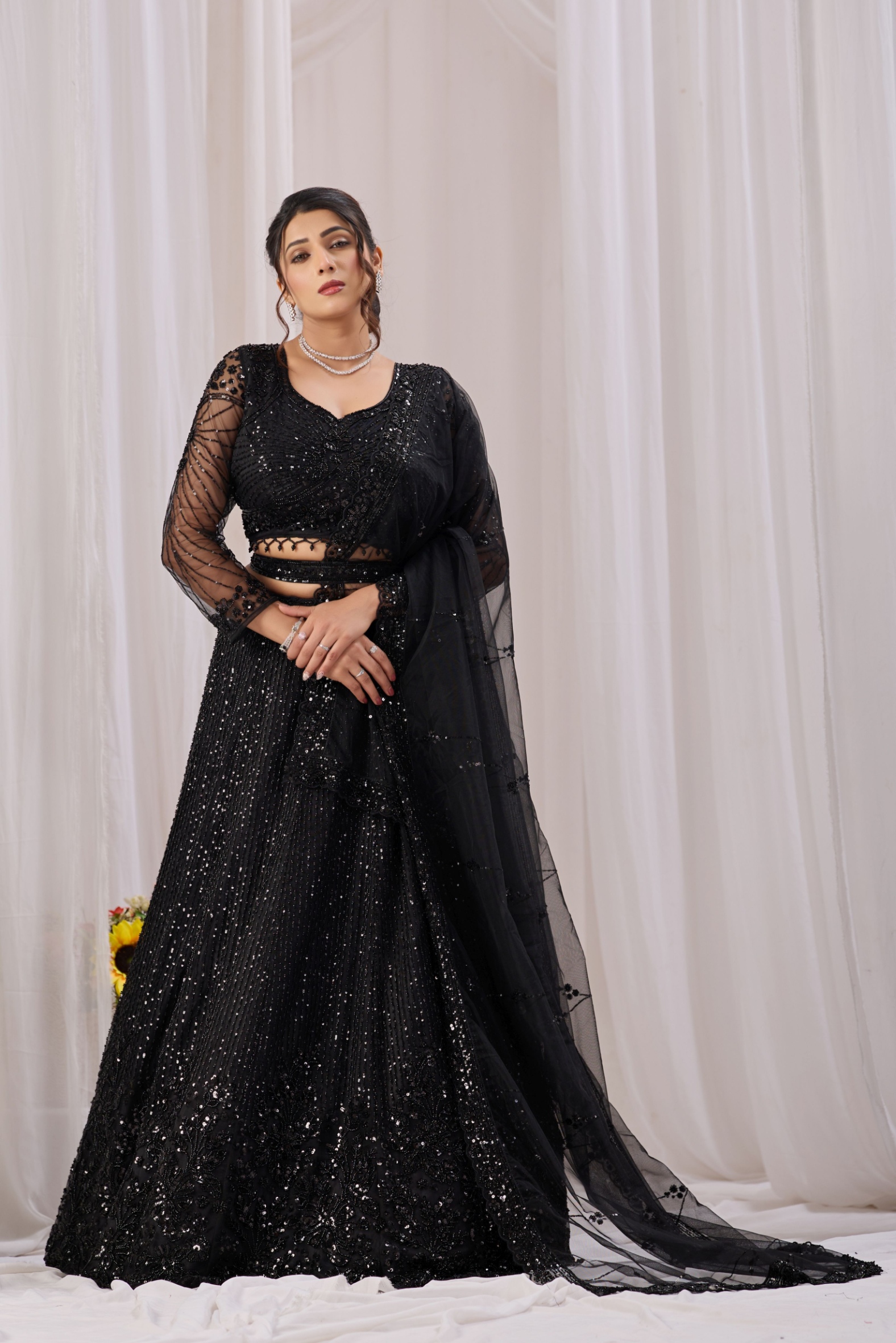 Black Floral Embroidered Net Lehenga Choli