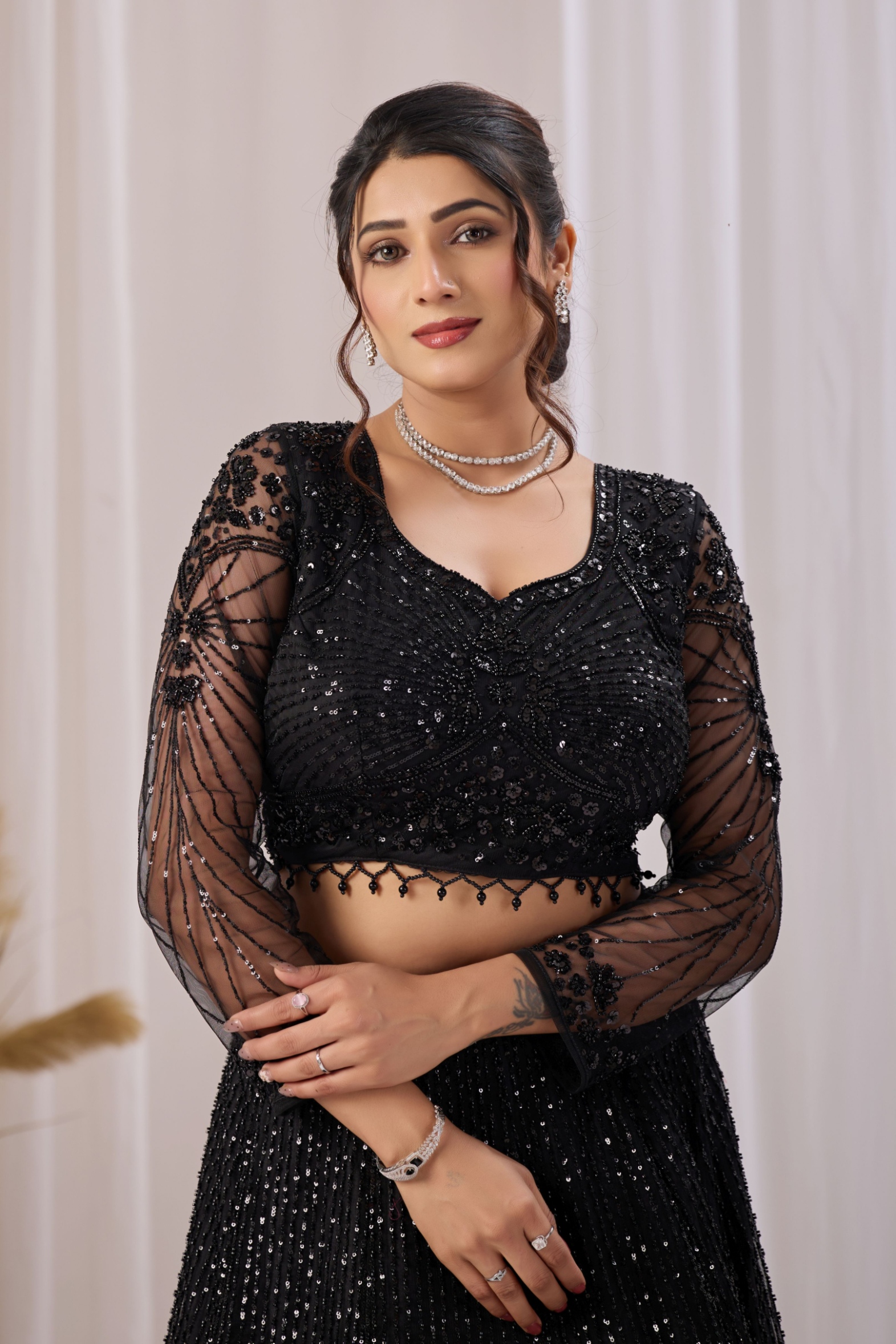 Black Floral Embroidered Net Lehenga Choli