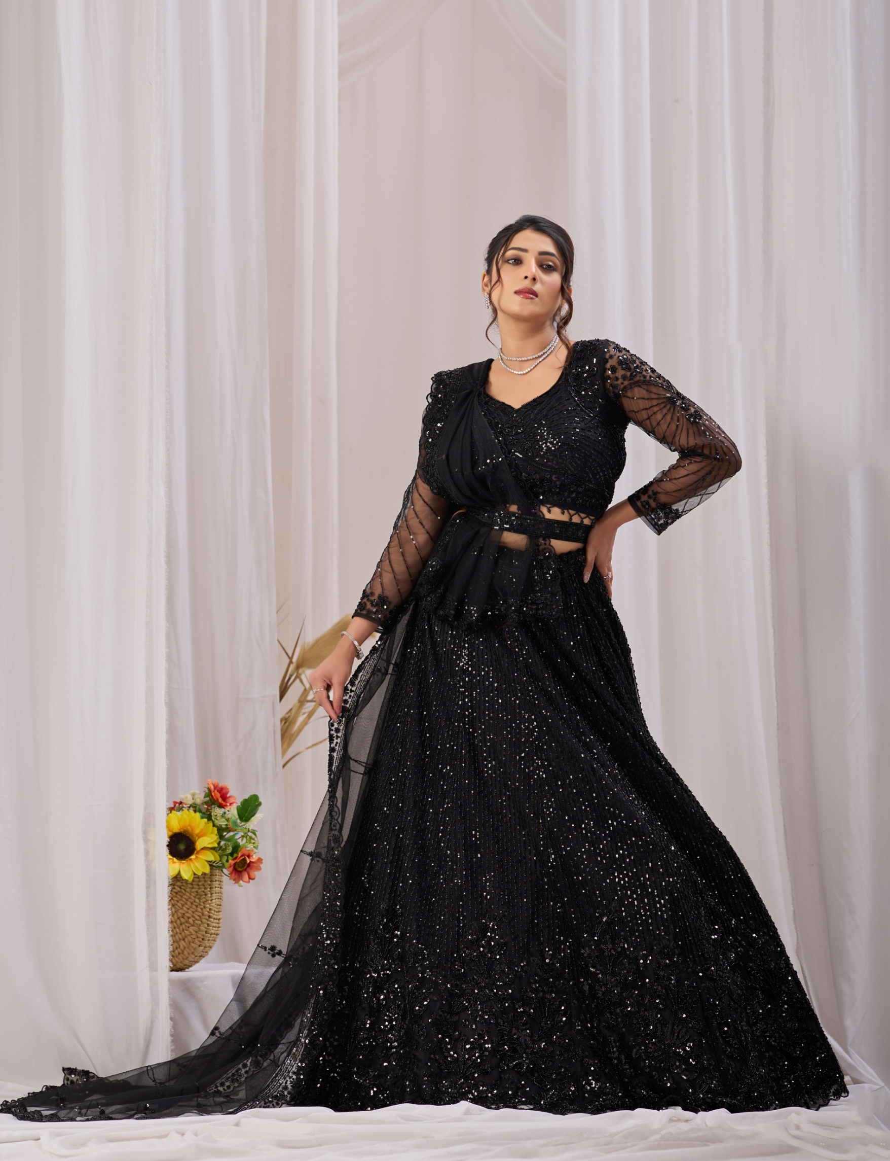 Black Floral Embroidered Net Lehenga Choli