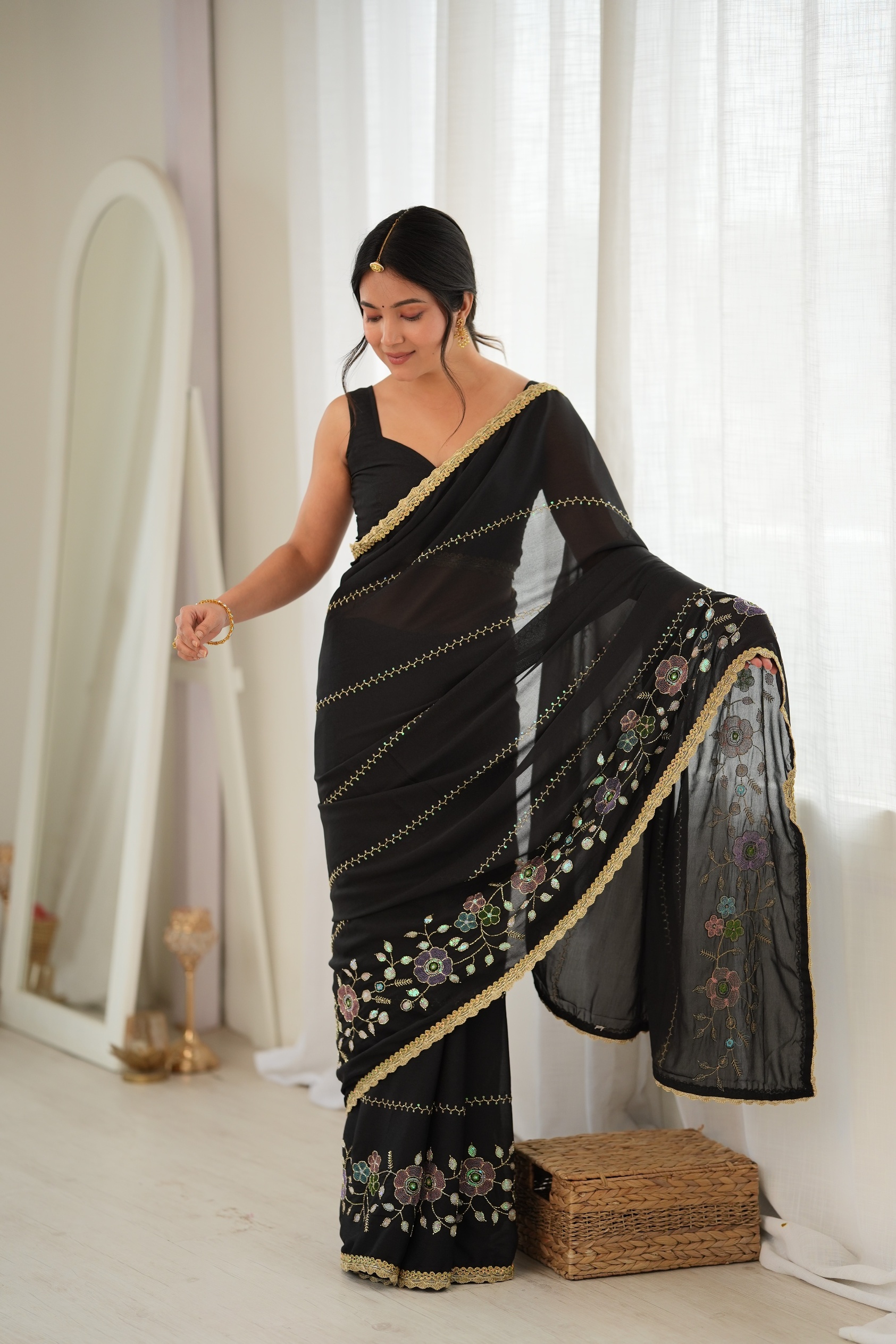 Black Floral Embroidered Star Georgette Saree