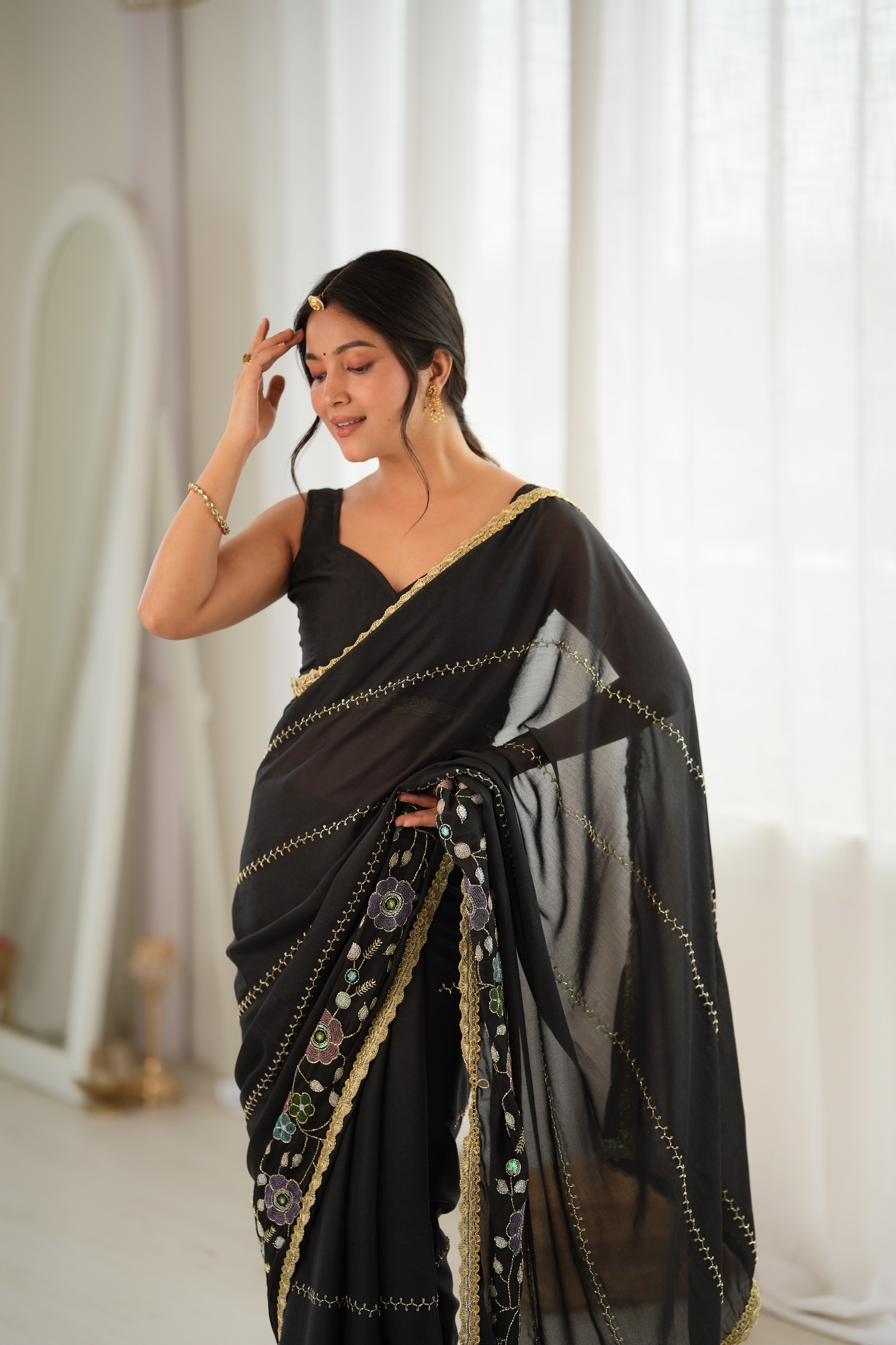 Black Floral Embroidered Star Georgette Saree